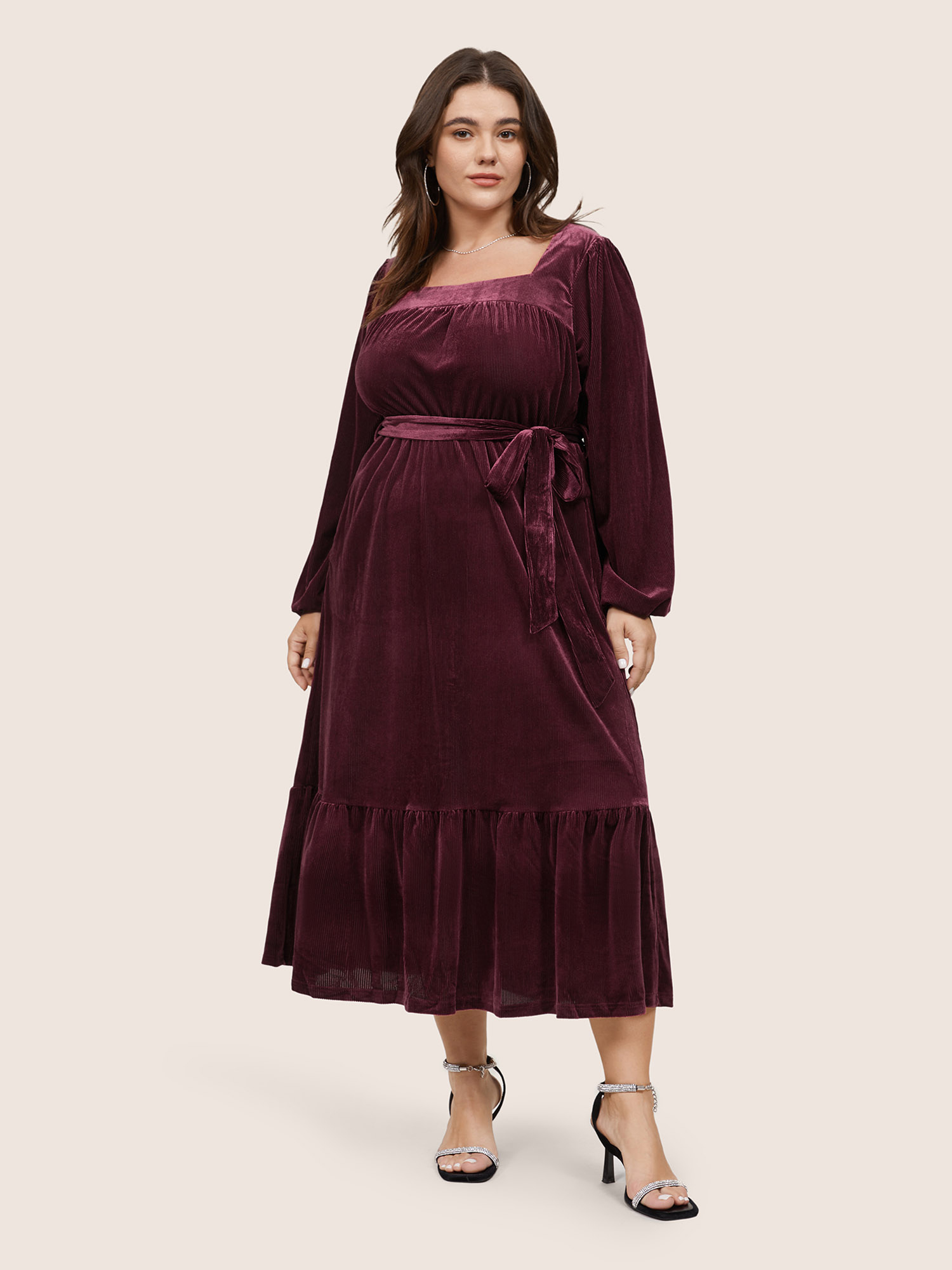Plus Size Velvet Belted Square Neck Gathered Dress Russet Women Glamour Velvet Square Neck Long Sleeve Curvy Midi Dress BloomChic 14-16/1X 