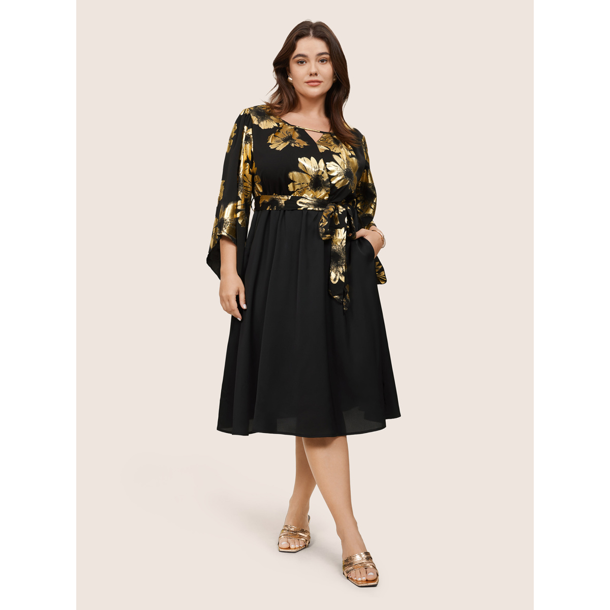 

Plus Size Floral Glitter Belted Keyhole Flutter Sleeve Dress Black Women Gathered Keyhole Cut-Out Elbow-length sleeve Curvy Midi Dress BloomChic