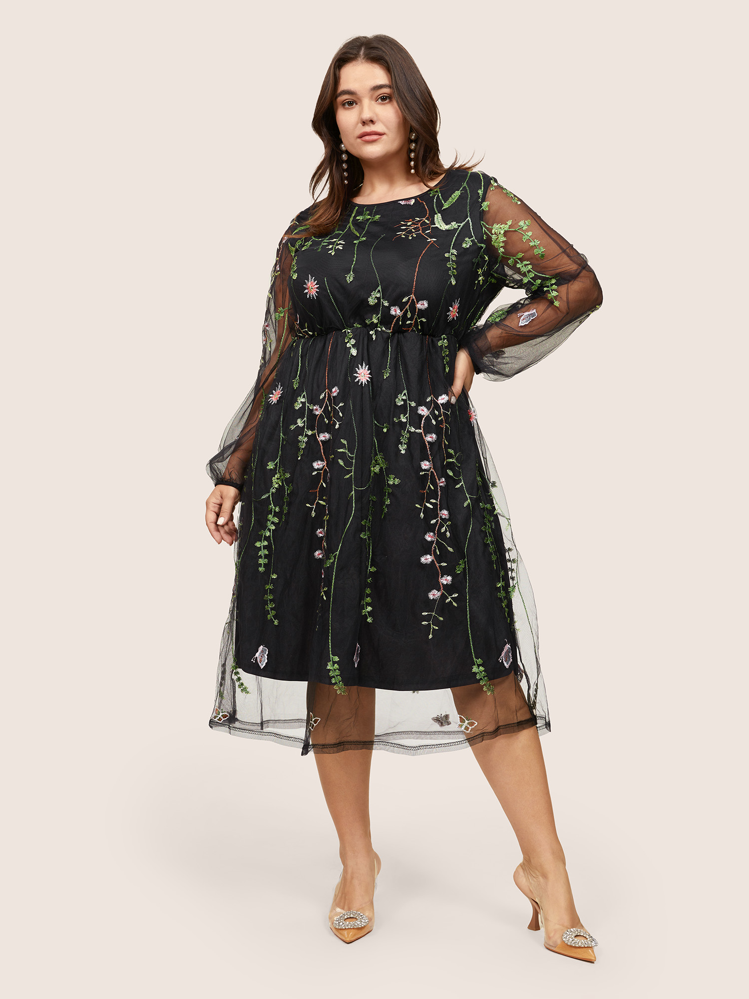 

Plus Size Floral Embroidered Mesh Pocket Lantern Sleeve Dress Black Women Cocktail Elastic cuffs Round Neck Long Sleeve Curvy Midi Dress BloomChic