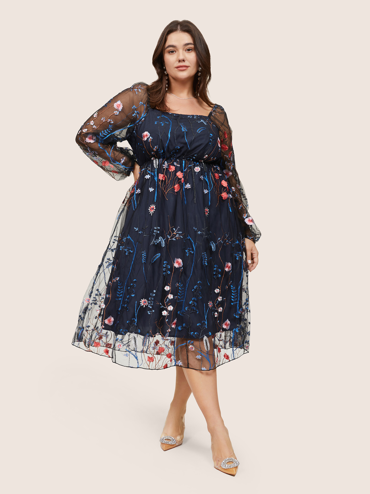 

Plus Size Square Neck Embroidered Lace Mesh Lantern Sleeve Dress Navy Women Formal Elastic cuffs Square Neck Long Sleeve Curvy Midi Dress BloomChic