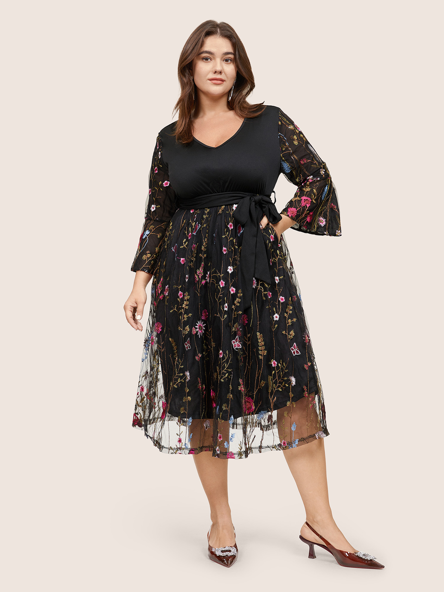 

Plus Size Floral Embroidered Mesh Patchwork Bell Sleeve Dress Black Women Glamour Lined V-neck Elbow-length sleeve Curvy Midi Dress BloomChic