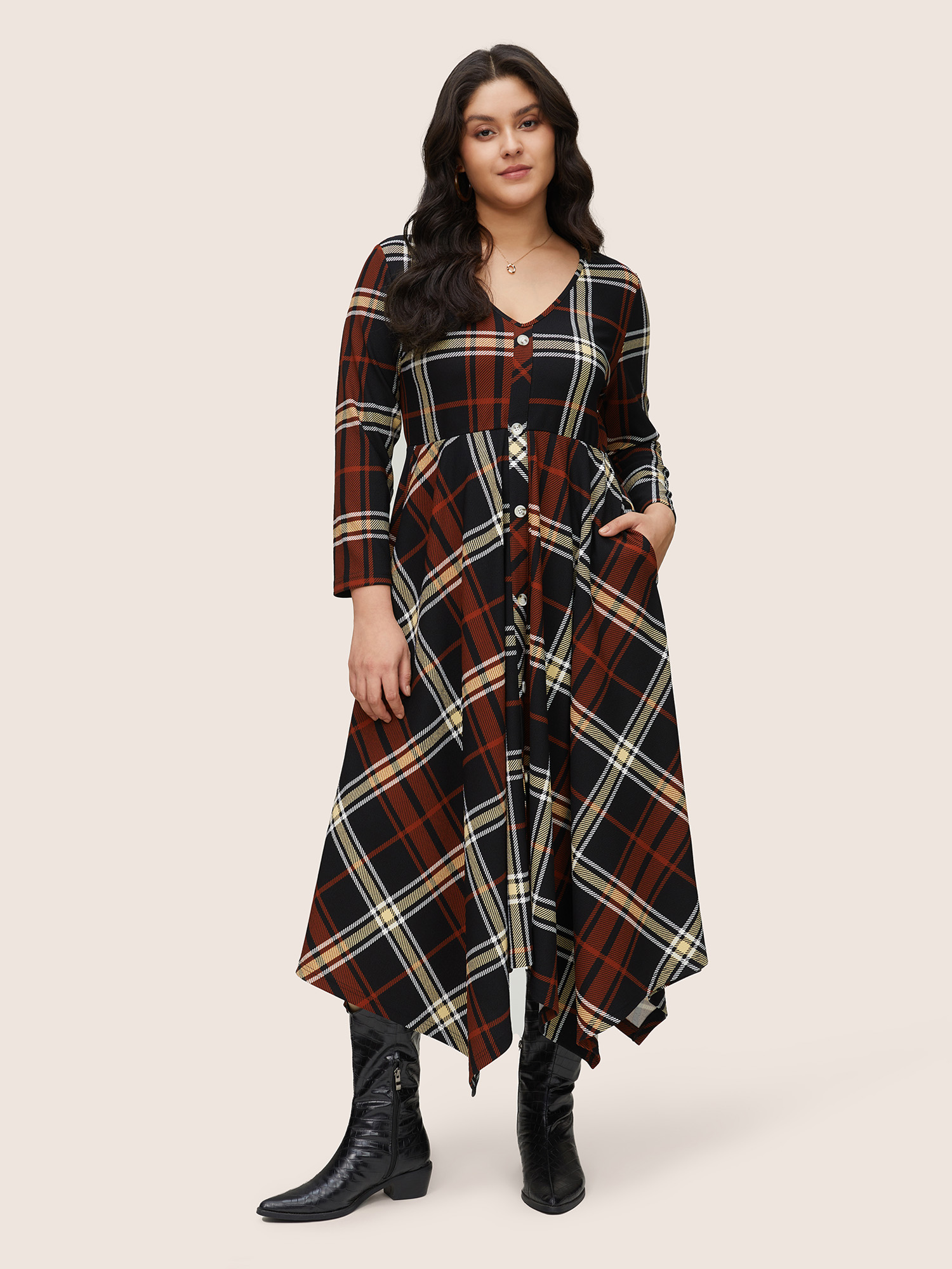 

Plus Size Christmas Plaid Button Detail Hanky Hem Dress Black Women Casual Printed V-neck Long Sleeve Curvy Midi Dress BloomChic