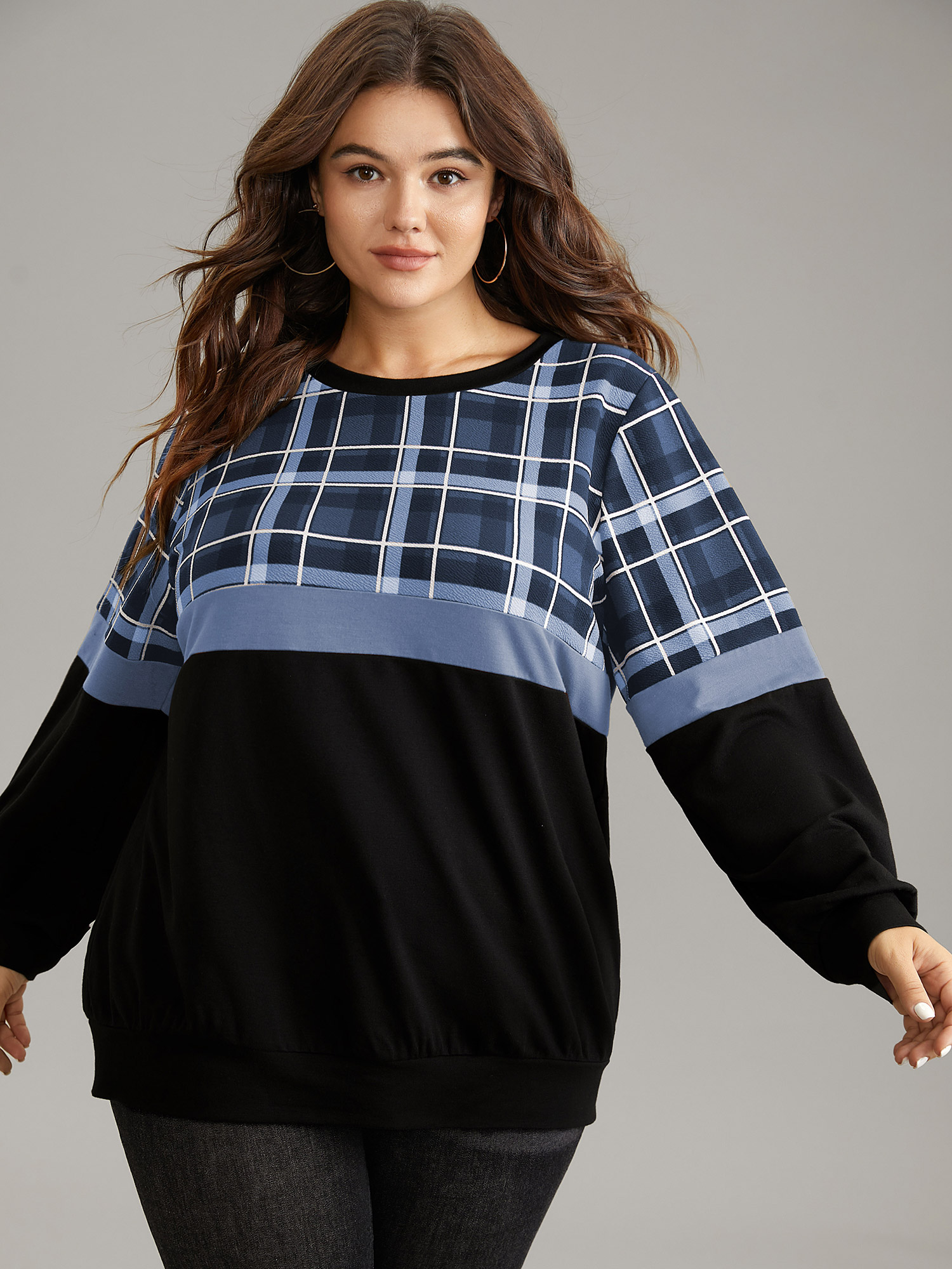 Plus Size Women Dailywear Patchwork Contrast Regular Regular Sleeve Long Sleeve Round Neck Casual Sweatshirts BloomChic 