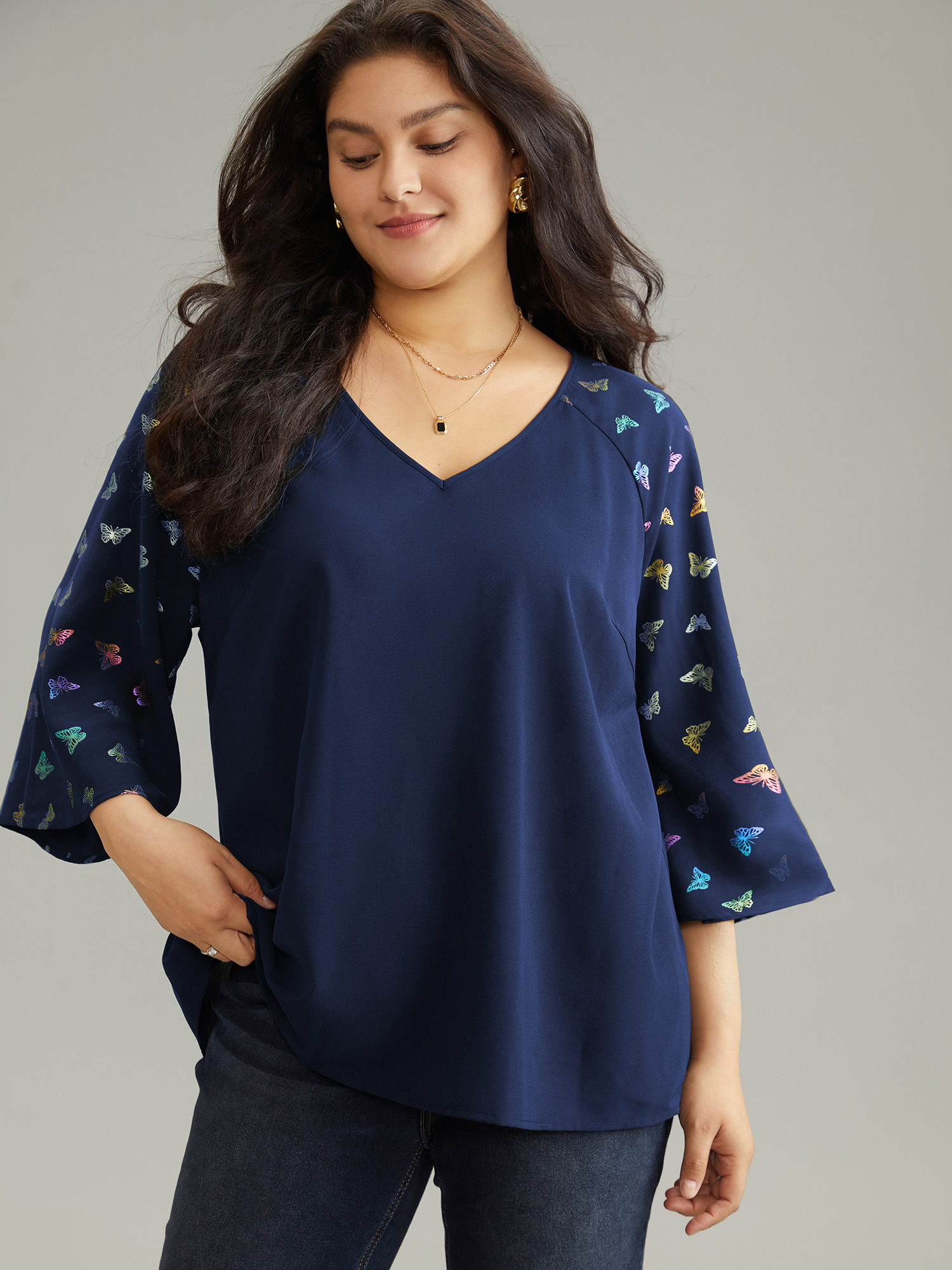 

Plus Size Indigo Glitter Butterfly Flutter Raglan Sleeve Blouse Women Elegant Elbow-length sleeve V-neck Party Blouses BloomChic