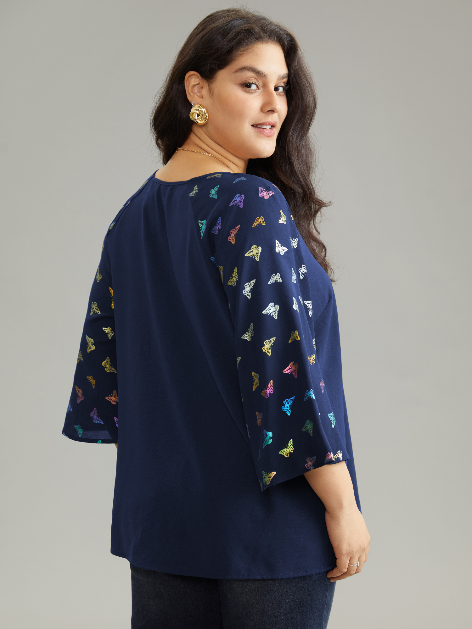 Plus Size Indigo Glitter Butterfly Flutter Raglan Sleeve Blouse Women Elegant Elbow-length sleeve V-neck Party Blouses BloomChic 28/5X 