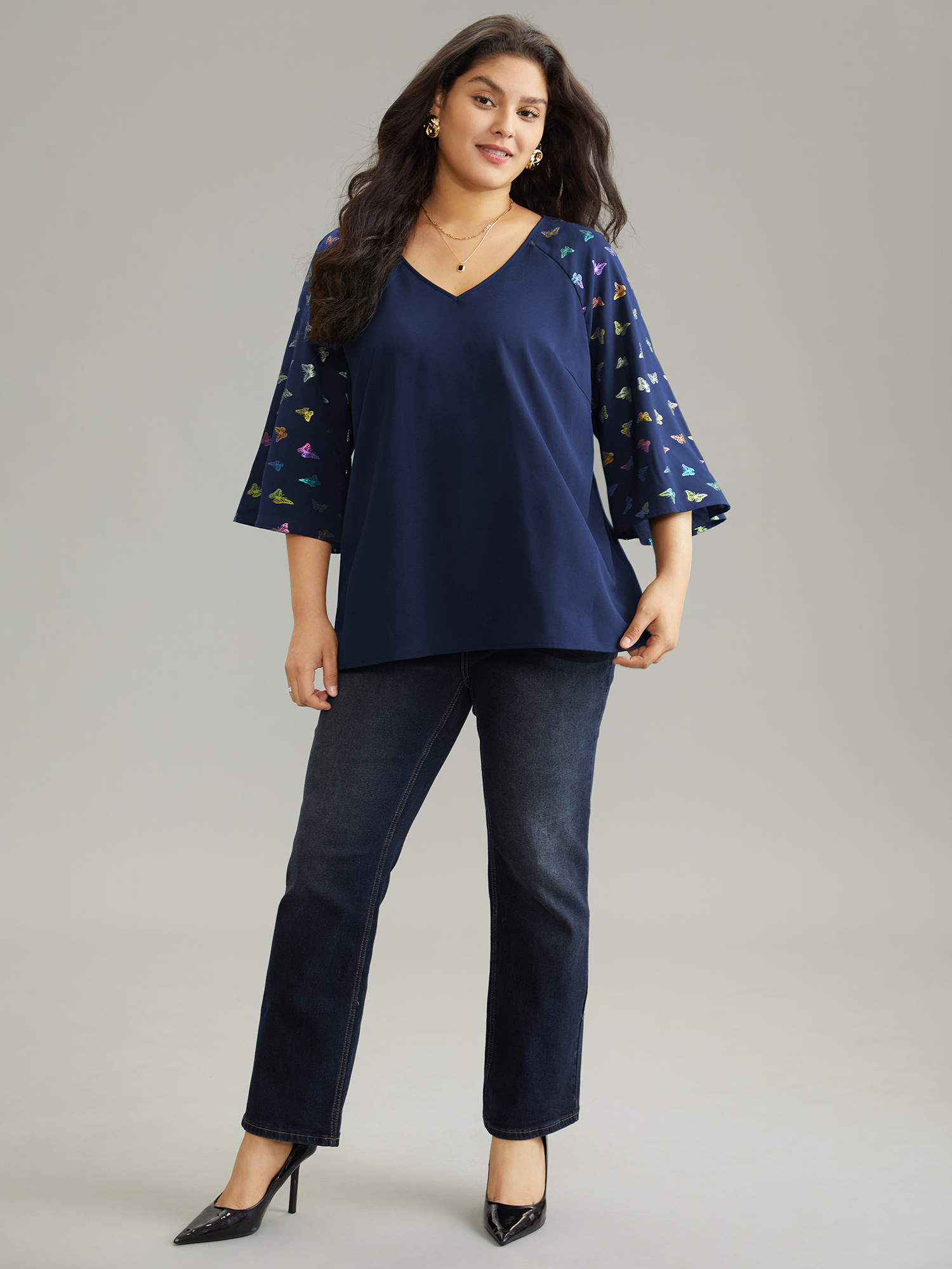 Plus Size Indigo Glitter Butterfly Flutter Raglan Sleeve Blouse Women Elegant Elbow-length sleeve V-neck Party Blouses BloomChic 28/5X 