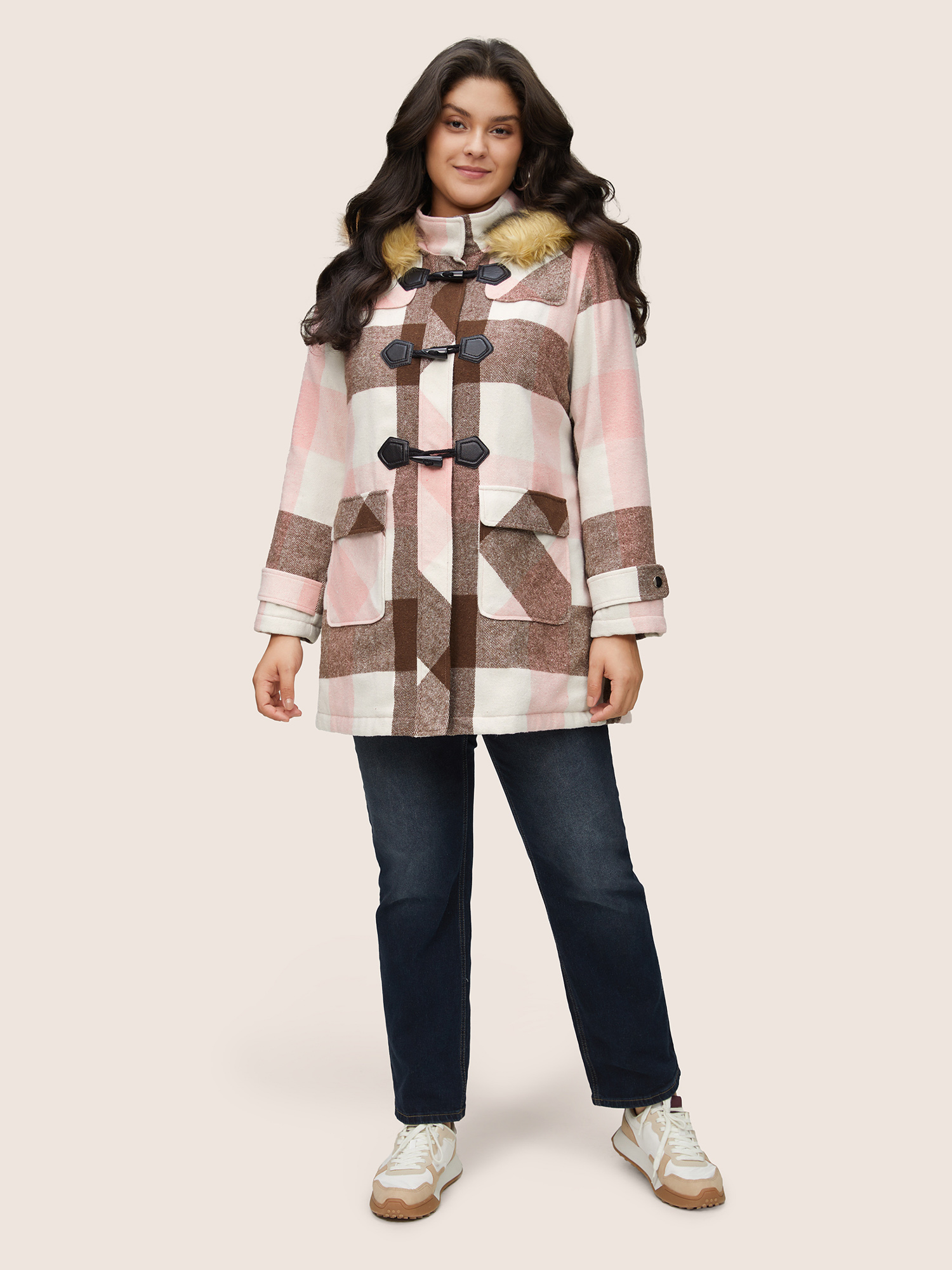 Plus Size Colorblock Contrast Fuzzy Trim Duffle Button Coat Women DustyPink Casual Lined Ladies Dailywear Winter Coats BloomChic 14-16/1X 