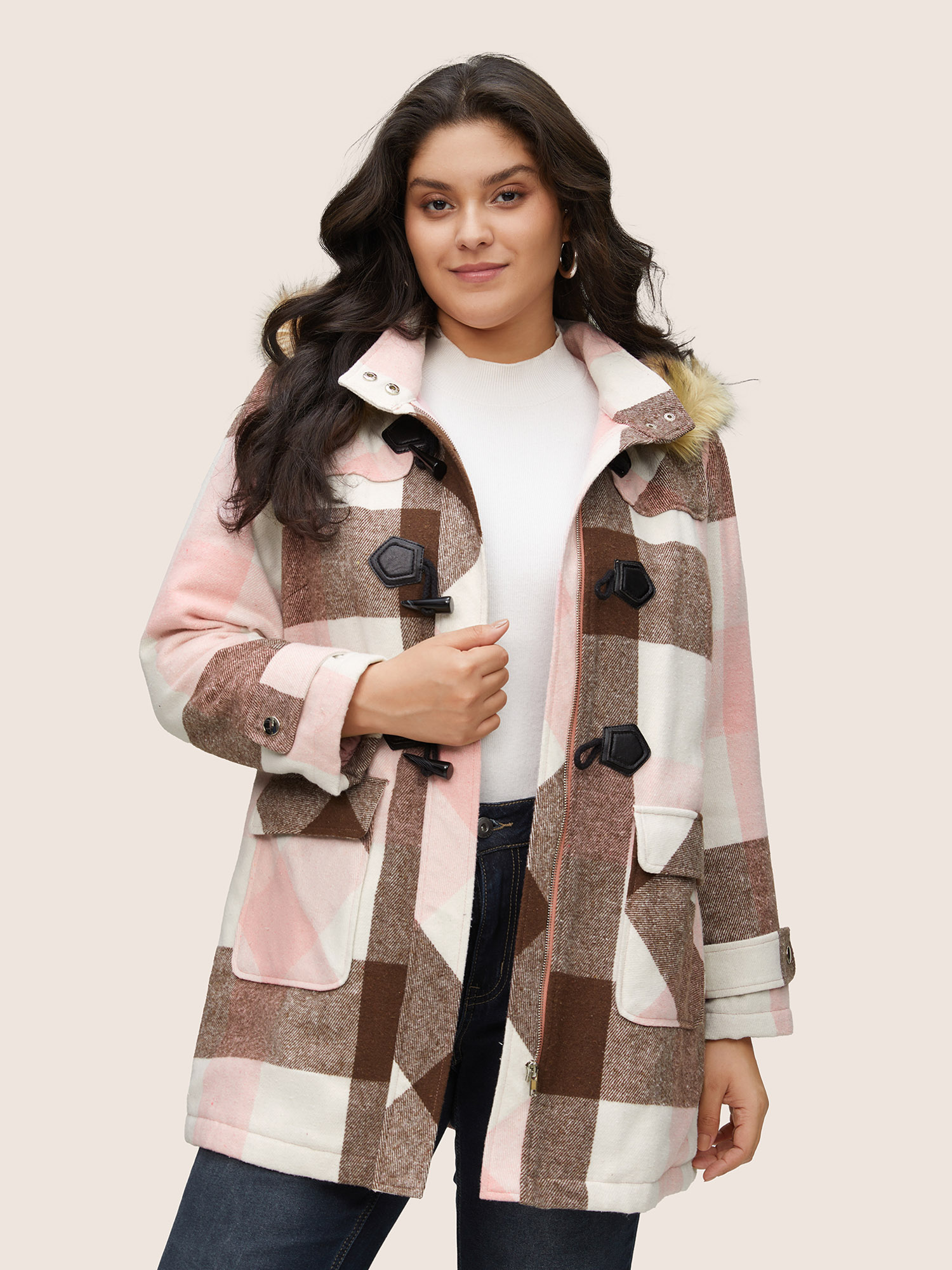 Plus Size Colorblock Contrast Fuzzy Trim Duffle Button Coat Women DustyPink Casual Lined Ladies Dailywear Winter Coats BloomChic 14-16/1X 