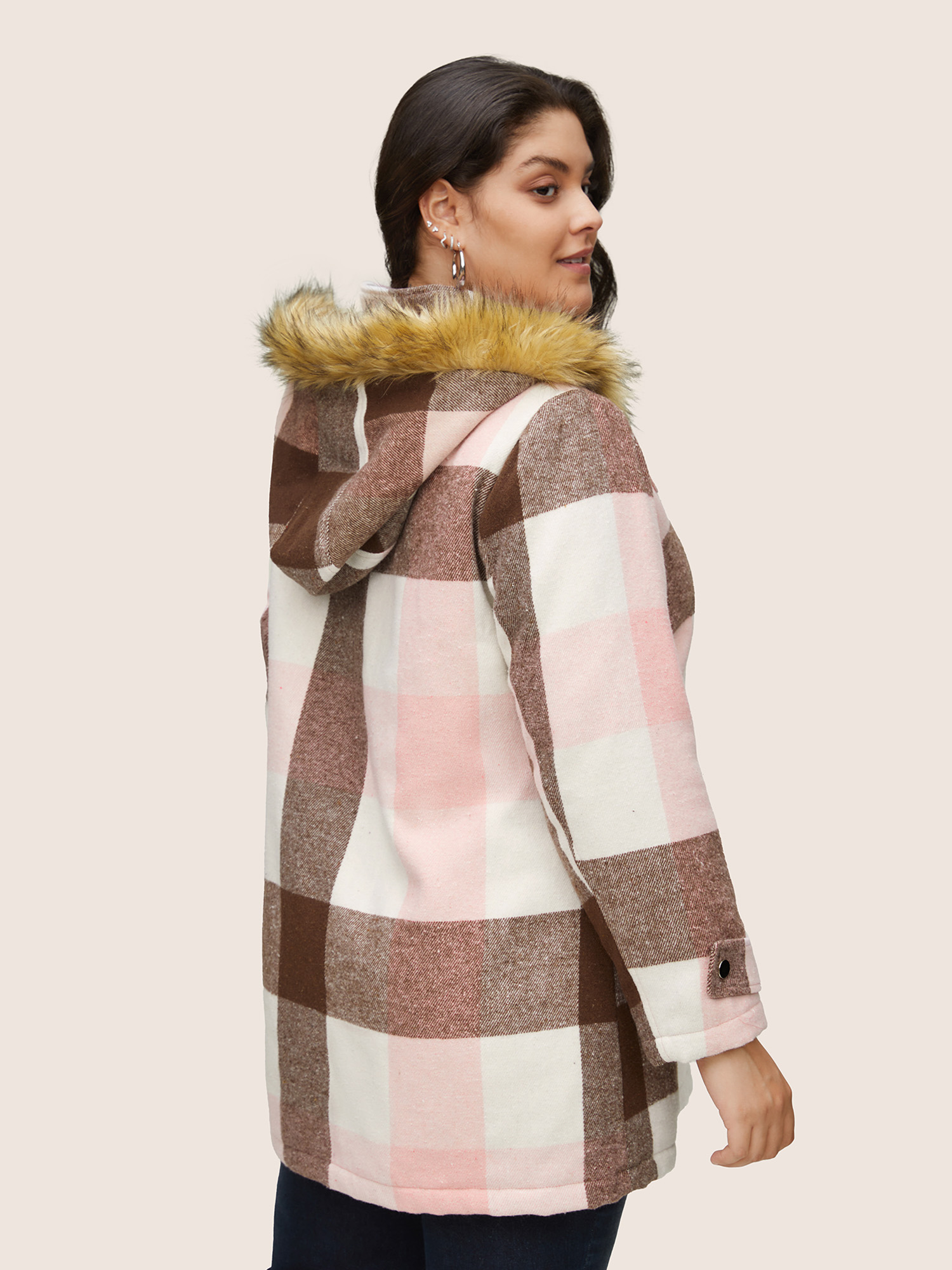 Plus Size Colorblock Contrast Fuzzy Trim Duffle Button Coat Women DustyPink Casual Lined Ladies Dailywear Winter Coats BloomChic 14-16/1X 