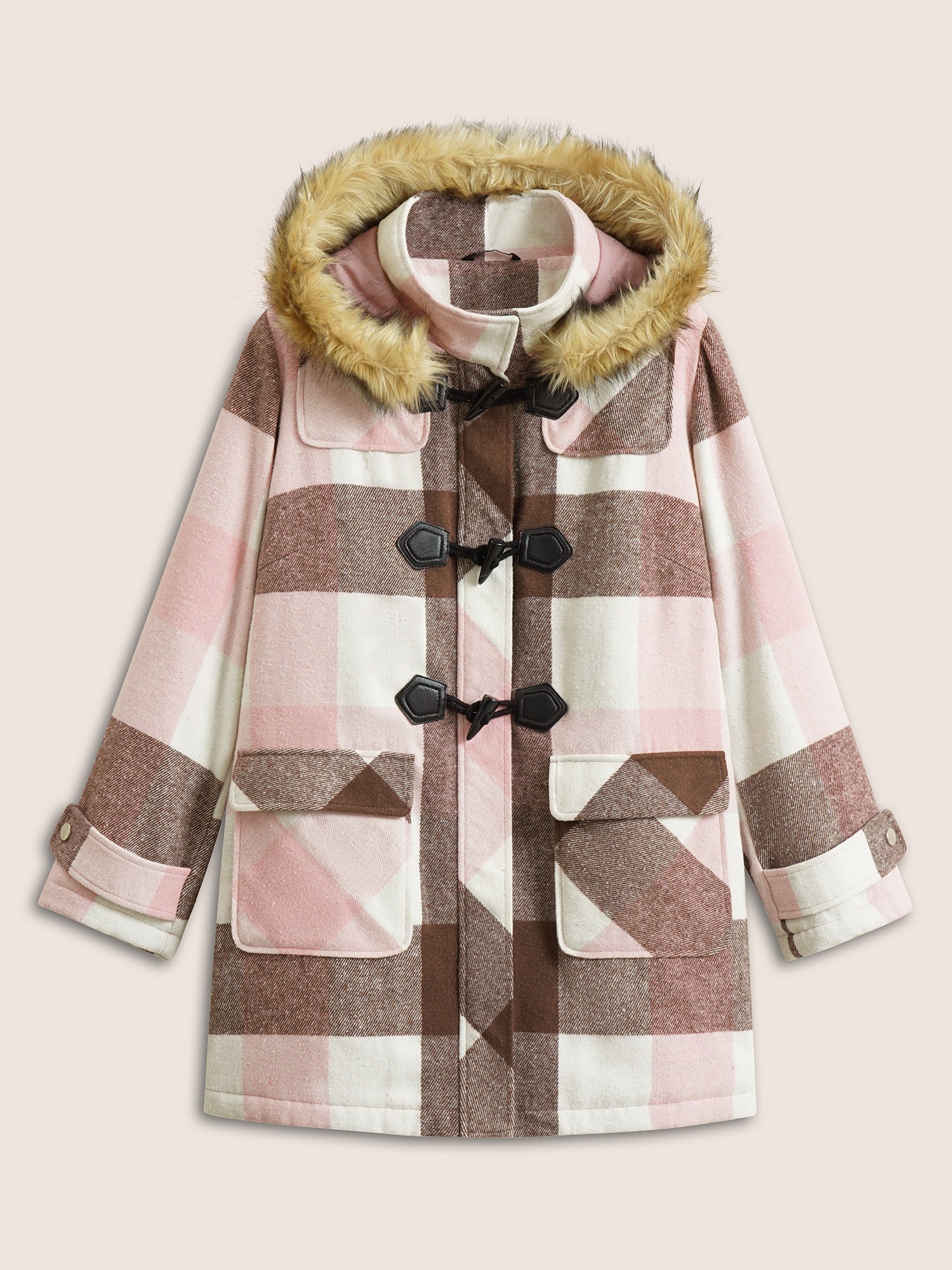 Plus Size Colorblock Contrast Fuzzy Trim Duffle Button Coat Women DustyPink Casual Lined Ladies Dailywear Winter Coats BloomChic 14-16/1X 