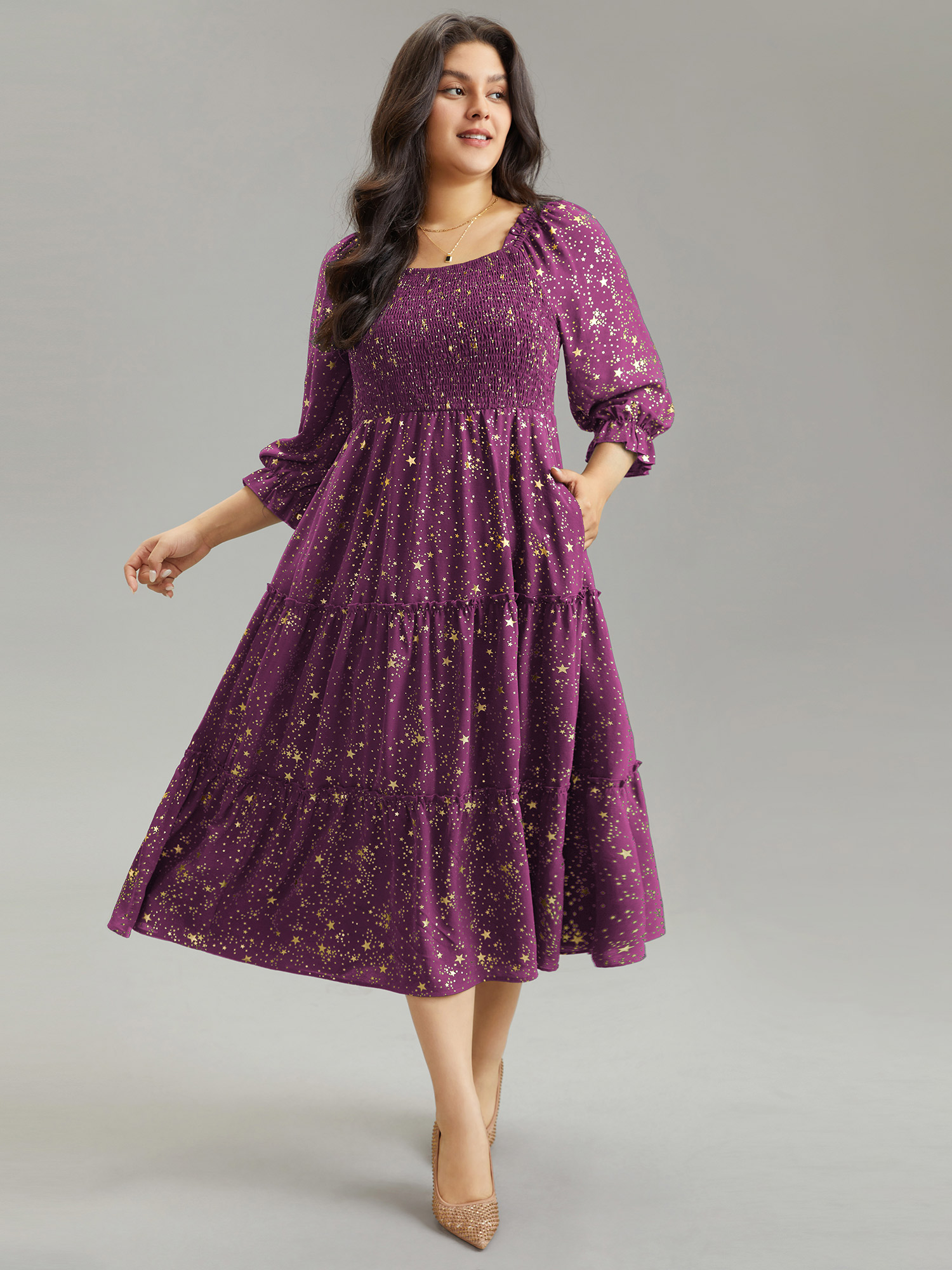 

Plus Size Shirred Star Glitter Frill Trim Raglan Sleeve Dress Purple Women Elegant Gathered Square Neck Elbow-length sleeve Curvy Midi Dress BloomChic