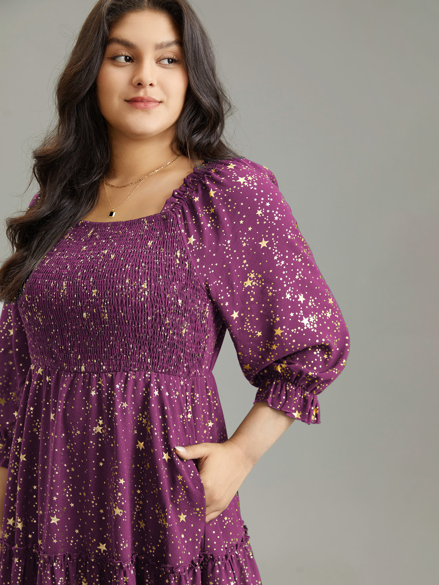 

Plus Size Shirred Star Glitter Frill Trim Raglan Sleeve Dress Purple Women Elegant Gathered Square Neck Elbow-length sleeve Curvy Midi Dress BloomChic