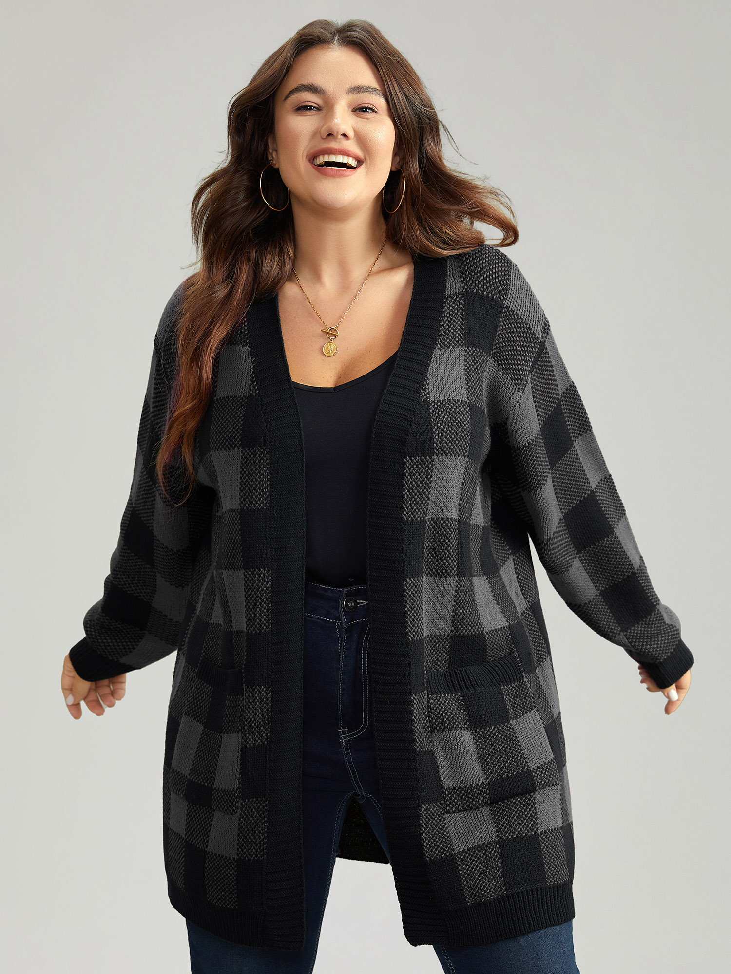 

Plus Size Plaid Patched Pocket Loose Cardigan DimGray Women Casual Loose Long Sleeve Everyday Cardigans BloomChic