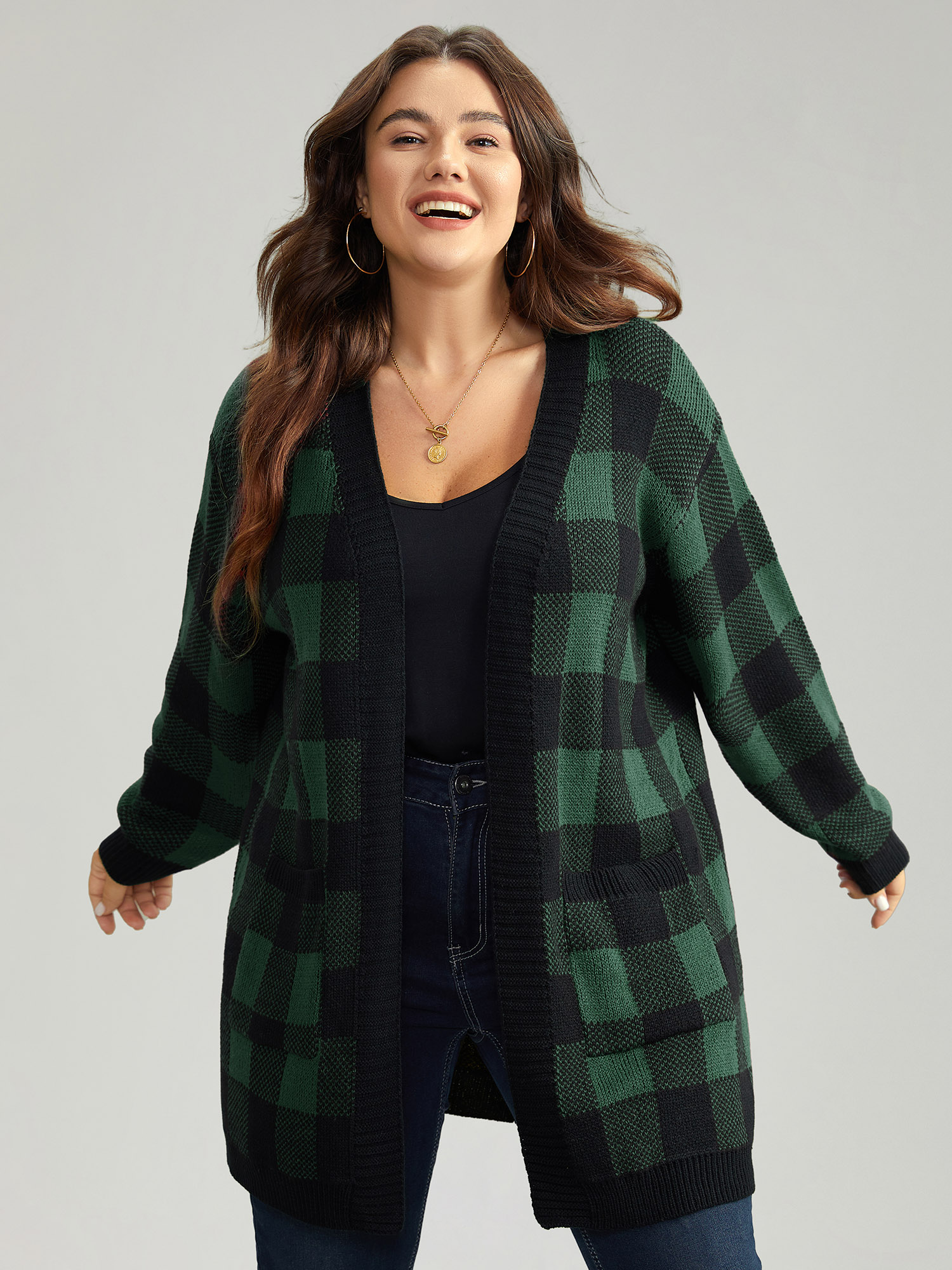 

Plus Size Plaid Patched Pocket Loose Cardigan DarkGreen Women Casual Loose Long Sleeve Everyday Cardigans BloomChic