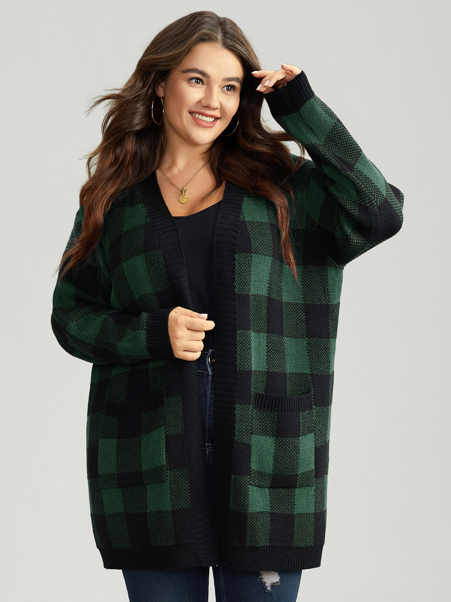 

Plus Size Plaid Patched Pocket Loose Cardigan DarkGreen Women Casual Loose Long Sleeve Everyday Cardigans BloomChic