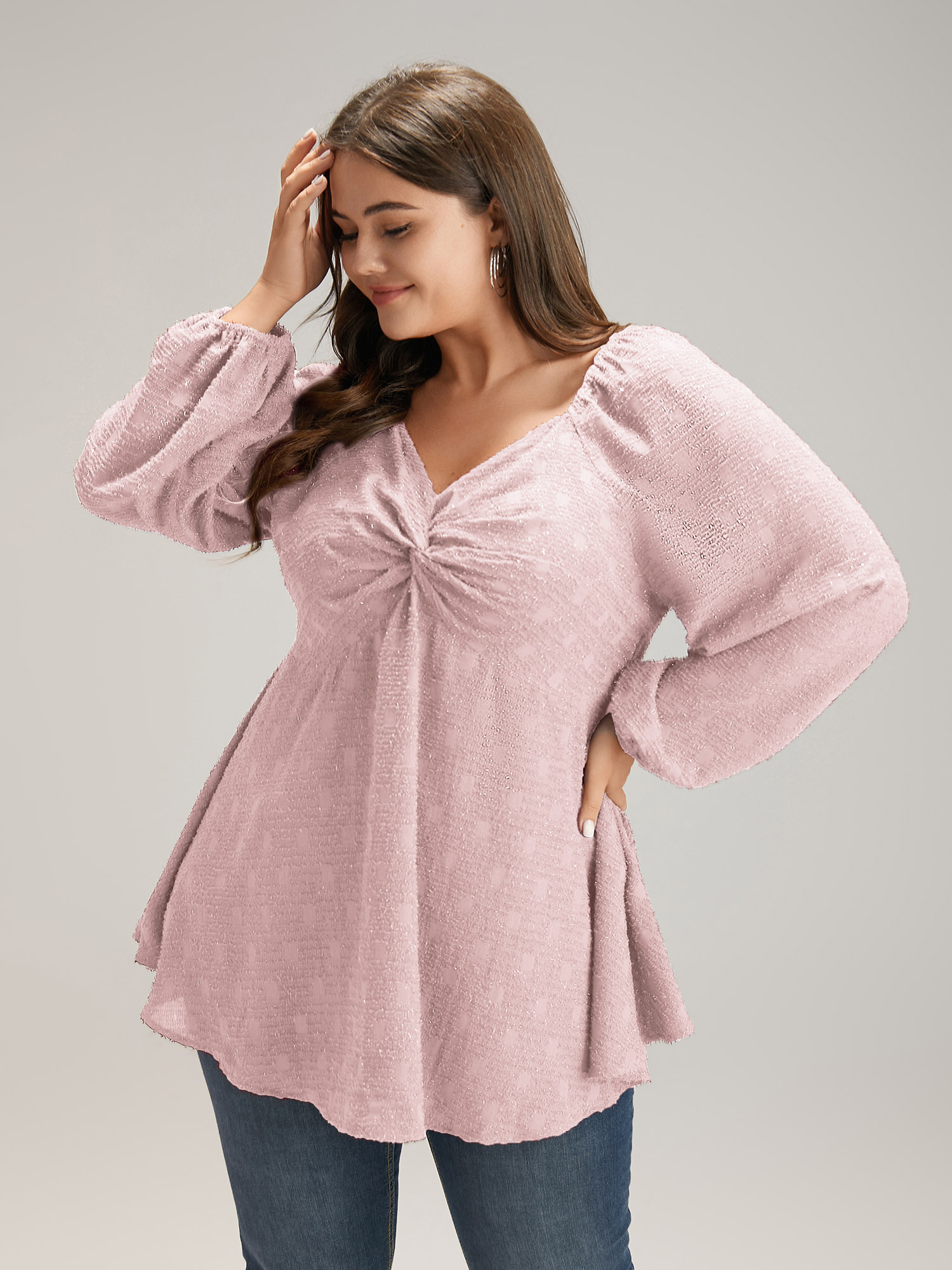 

Plus Size DustyPink Solid Glitter Twist Front Gathered Blouse Women Cocktail Long Sleeve V-neck Party Blouses BloomChic