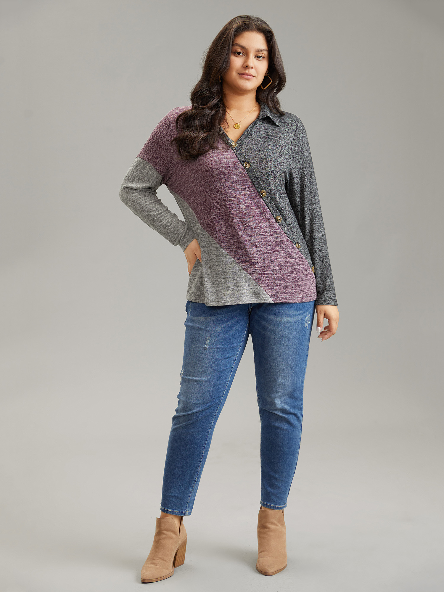 Plus Size Women Dailywear Plain Heather Regular Sleeve Long Sleeve V-neck Elegant T-shirts BloomChic 