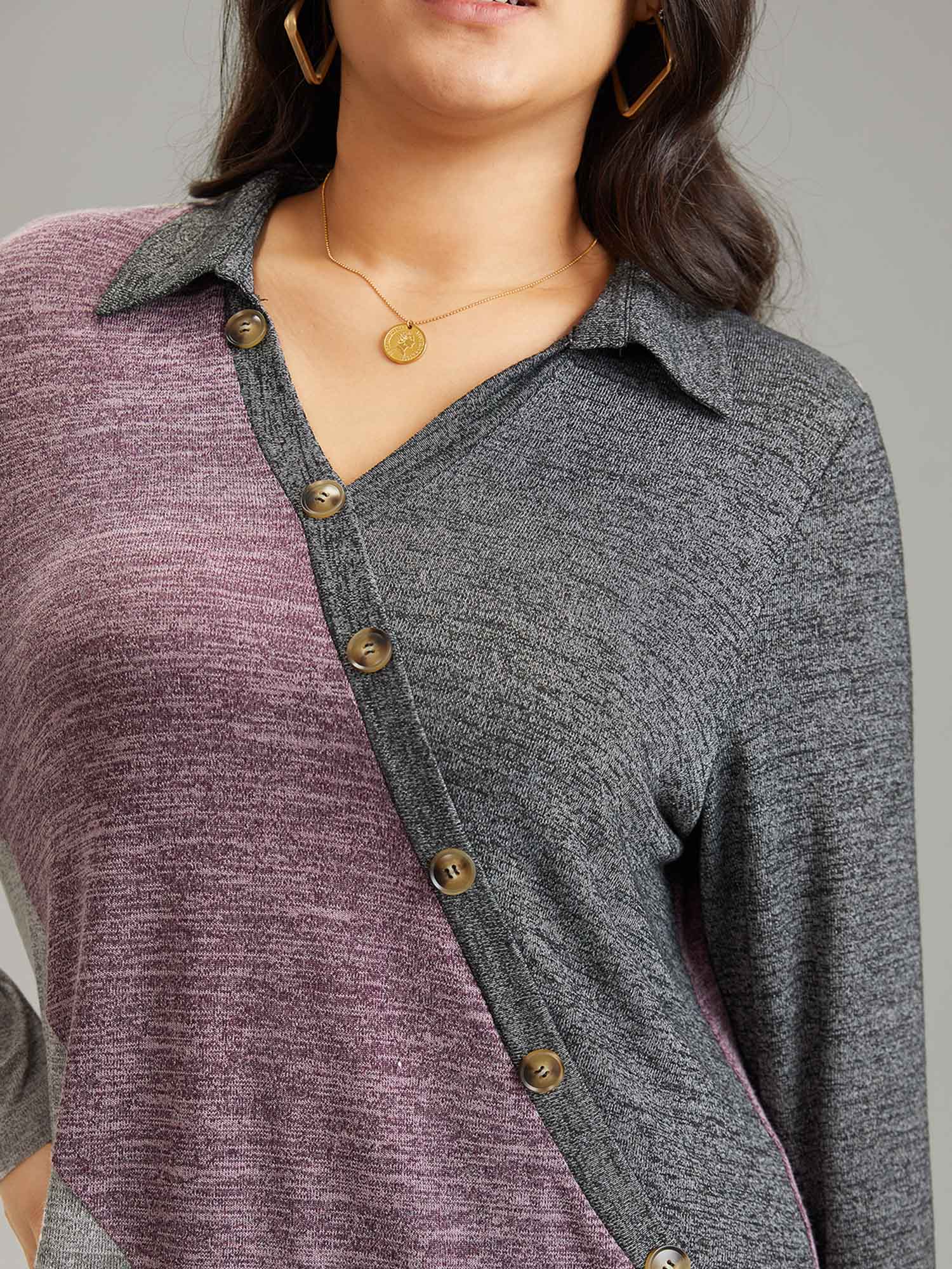 Plus Size Women Dailywear Plain Heather Regular Sleeve Long Sleeve V-neck Elegant T-shirts BloomChic 