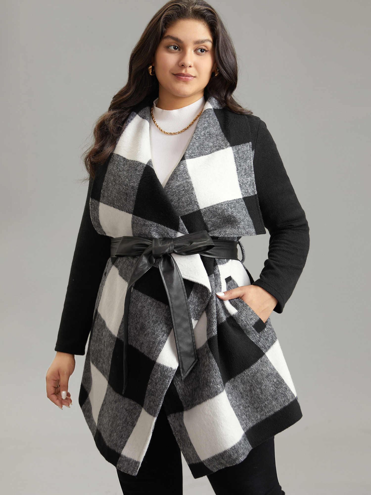 

Plus Size Plaid Lapel Collar PU Leather Belted Coat Women Black Casual Belted Ladies Dailywear Winter Coats BloomChic