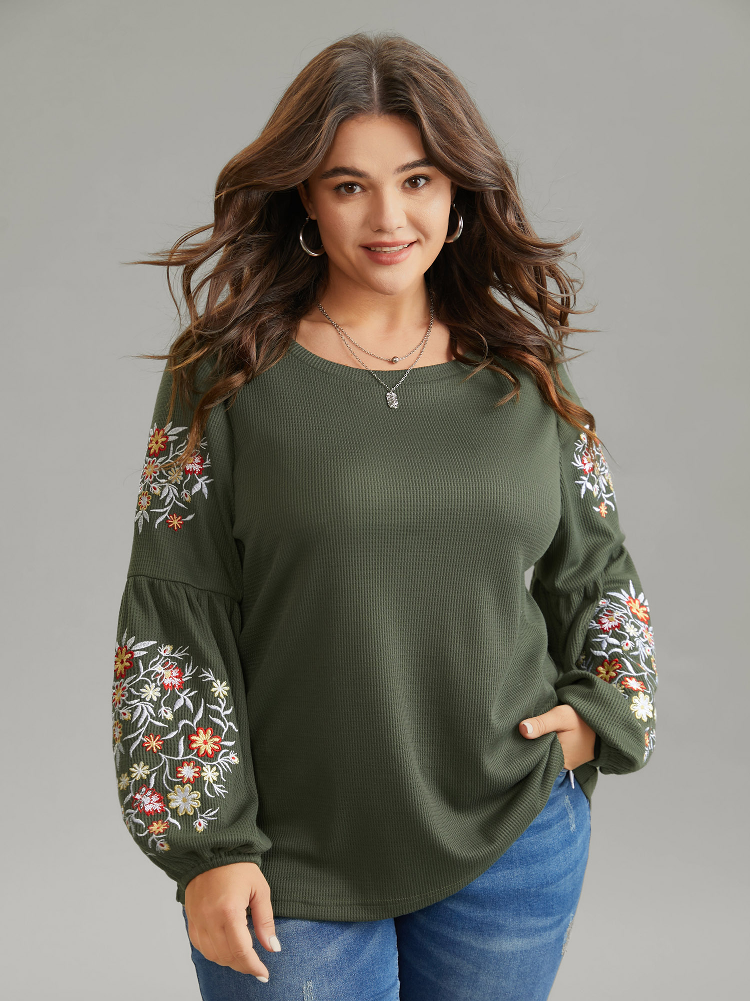 Plus Size Waffle Knit Floral Embroidered Lantern Sleeve T-shirt ArmyGreen Women Elegant Texture Floral Round Neck Everyday T-shirts BloomChic 30/6X