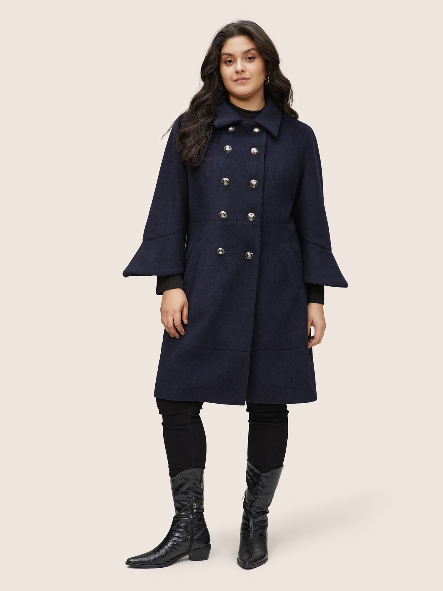 

Plus Size Plain Double Breasted Asymmetrical Sleeve Coat Women Midnight Casual Lined Ladies Dailywear Winter Coats BloomChic