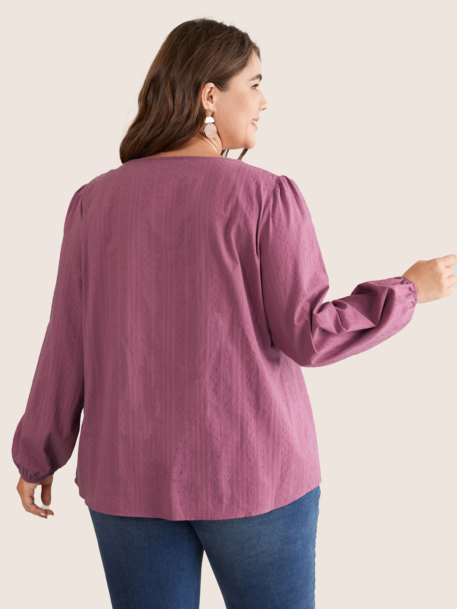 

Plus Size Mauve Solid Gathered Lantern Sleeve Tie Neck Blouse Women Casual Long Sleeve Tie Neck Vacation Blouses BloomChic