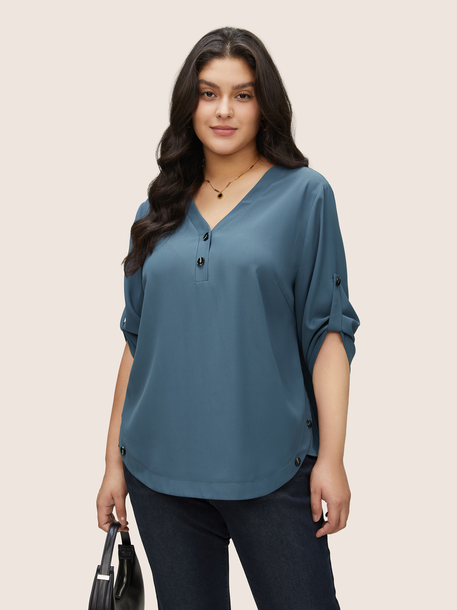 

Plus Size Stone Anti-Wrinkle Button Detail Curved Hem Tab Sleeve Blouse Women Office Half Sleeve V-neck Work Blouses BloomChic