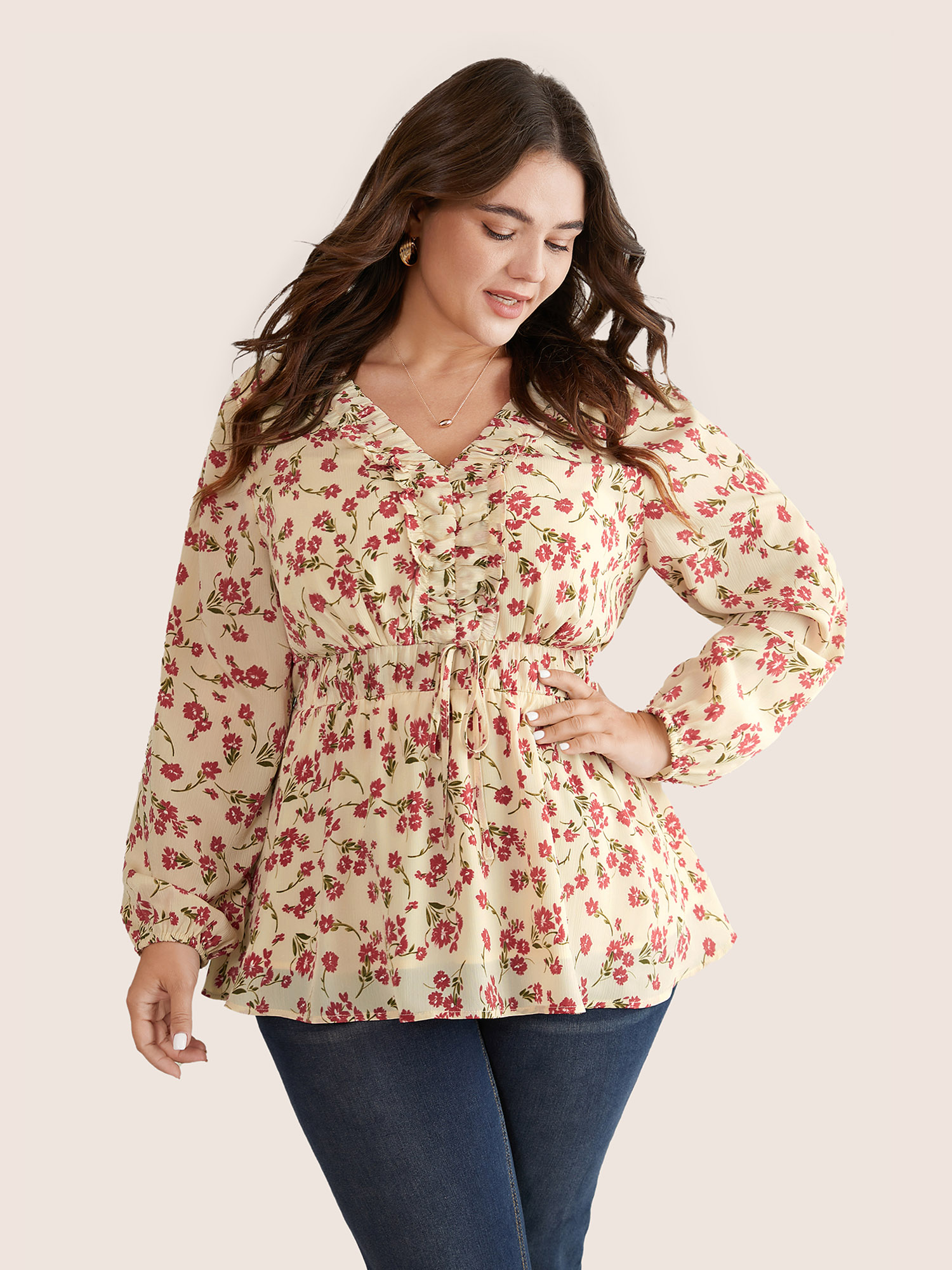 

Plus Size Beige Ditsy Floral Elastic Waist Ties Ruffles Blouse Women Elegant Long Sleeve V-neck Work Blouses BloomChic