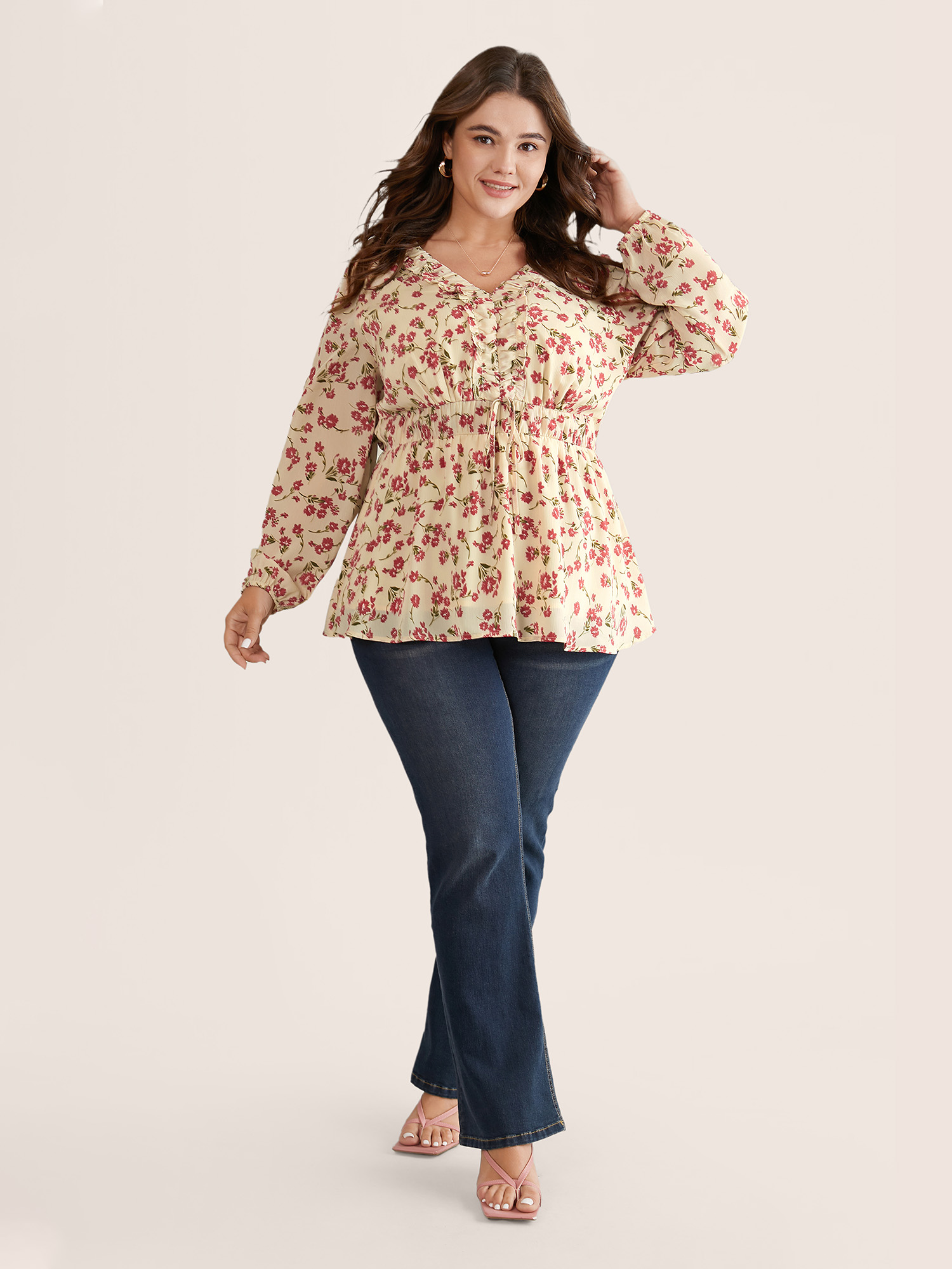Plus Size Women Work Ditsy Floral Ruffles Lantern Sleeve Long Sleeve V-neck Elegant Blouses BloomChic 