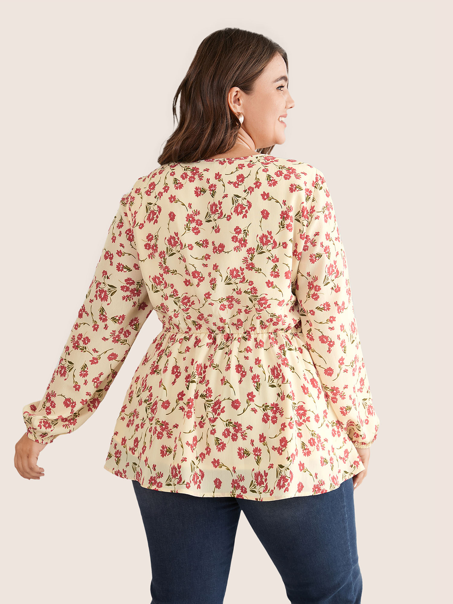 Plus Size Women Work Ditsy Floral Ruffles Lantern Sleeve Long Sleeve V-neck Elegant Blouses BloomChic 