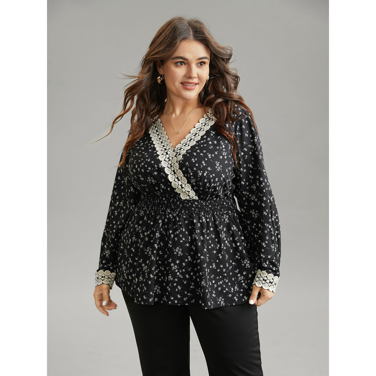 

Plus Size Black Ditsy Floral Wrap Shirred Lace Patchwork Blouse Women Elegant Long Sleeve Overlap Collar Vacation Blouses BloomChic