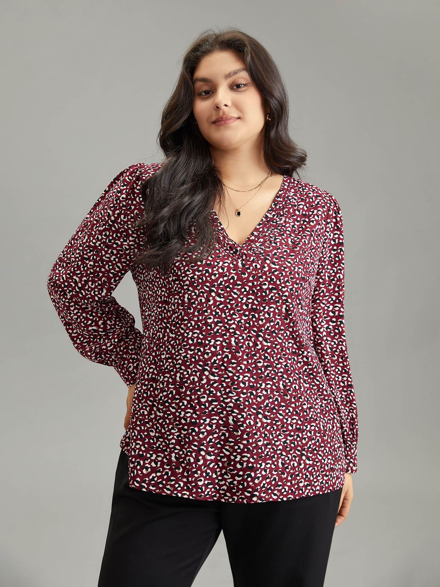 Plus Size Women Work Leopard Pleated Regular Sleeve Long Sleeve V-neck Office Blouses BloomChic 