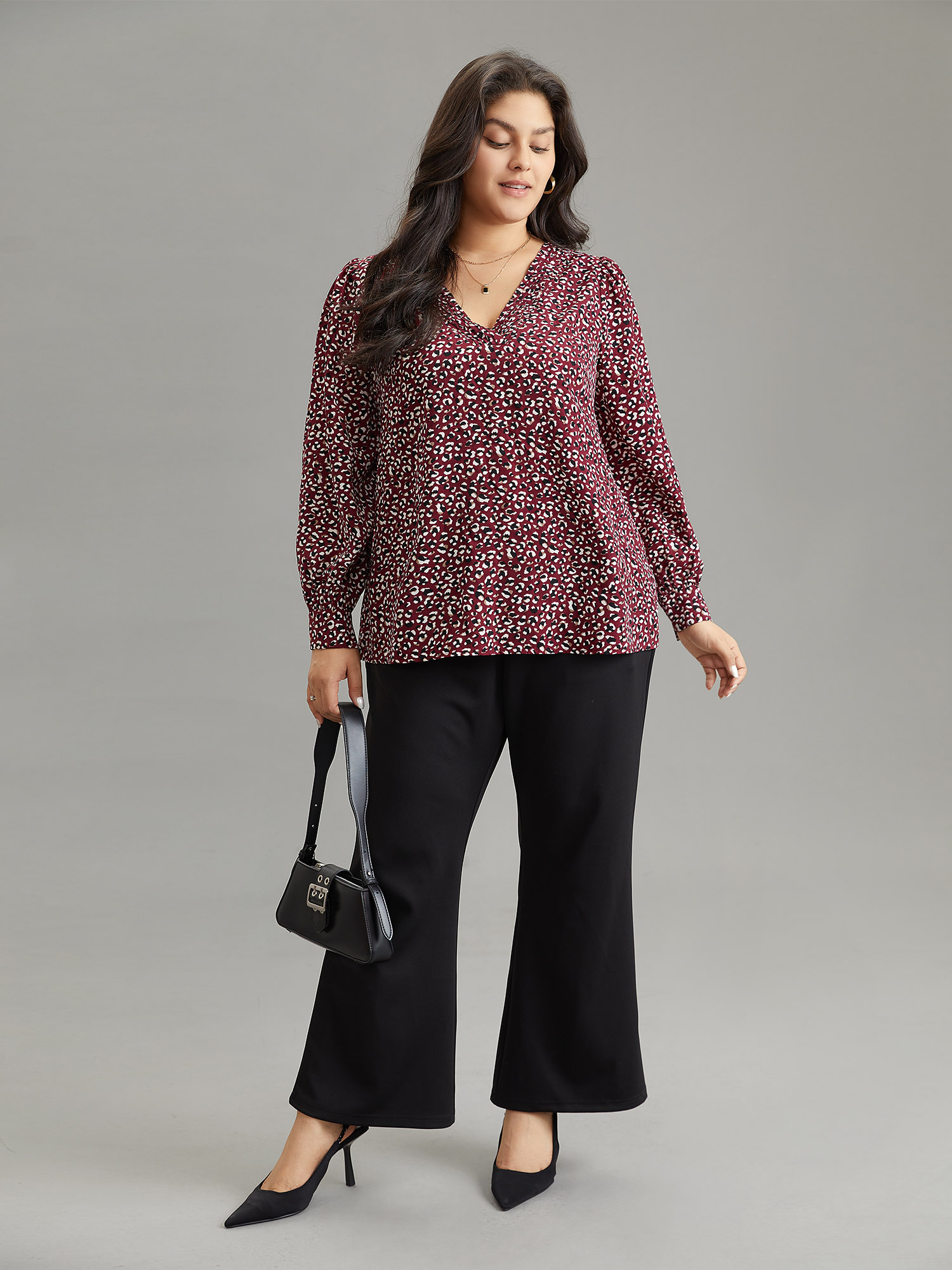 Plus Size Women Work Leopard Pleated Regular Sleeve Long Sleeve V-neck Office Blouses BloomChic 