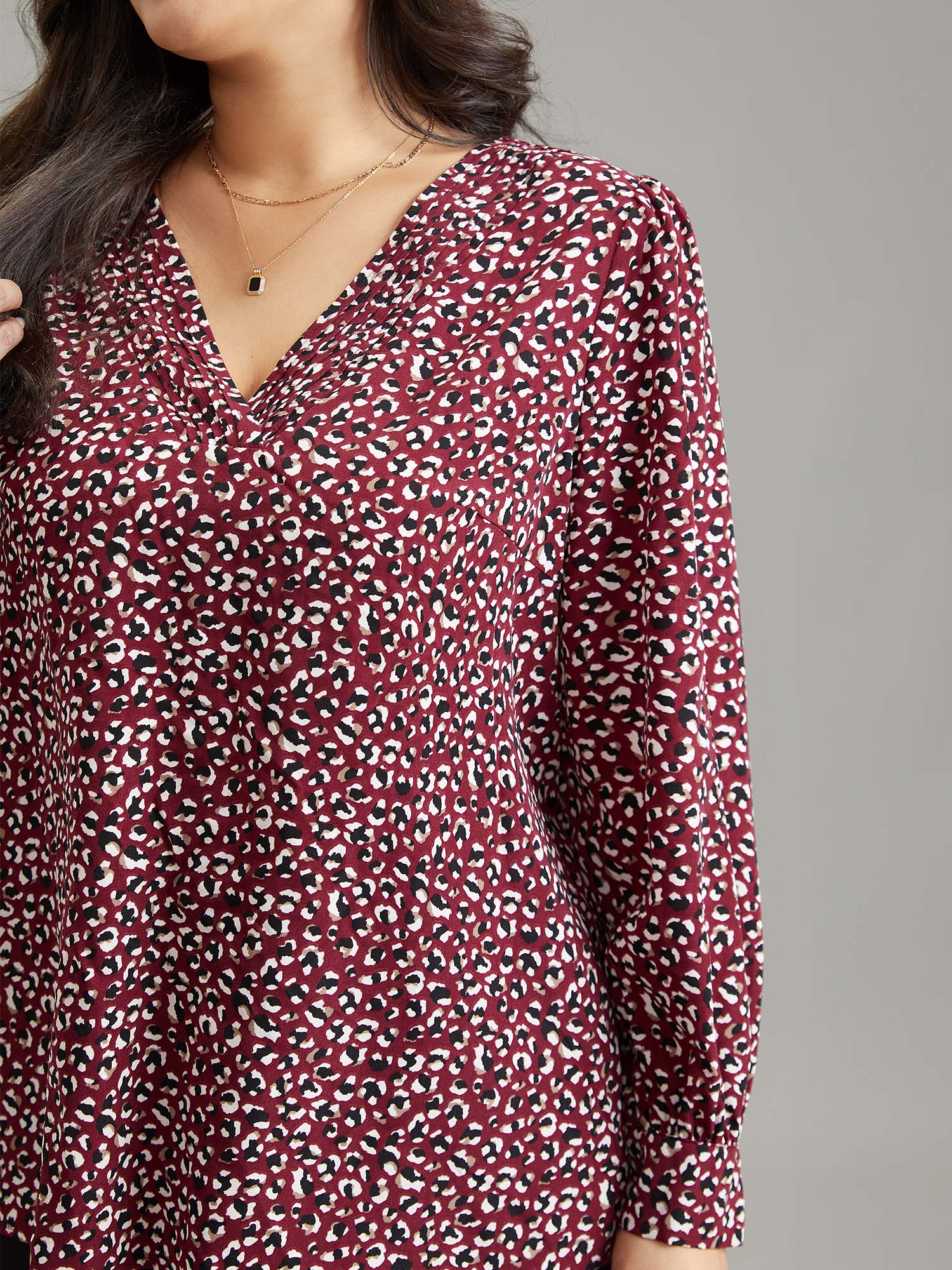 Plus Size Women Work Leopard Pleated Regular Sleeve Long Sleeve V-neck Office Blouses BloomChic 