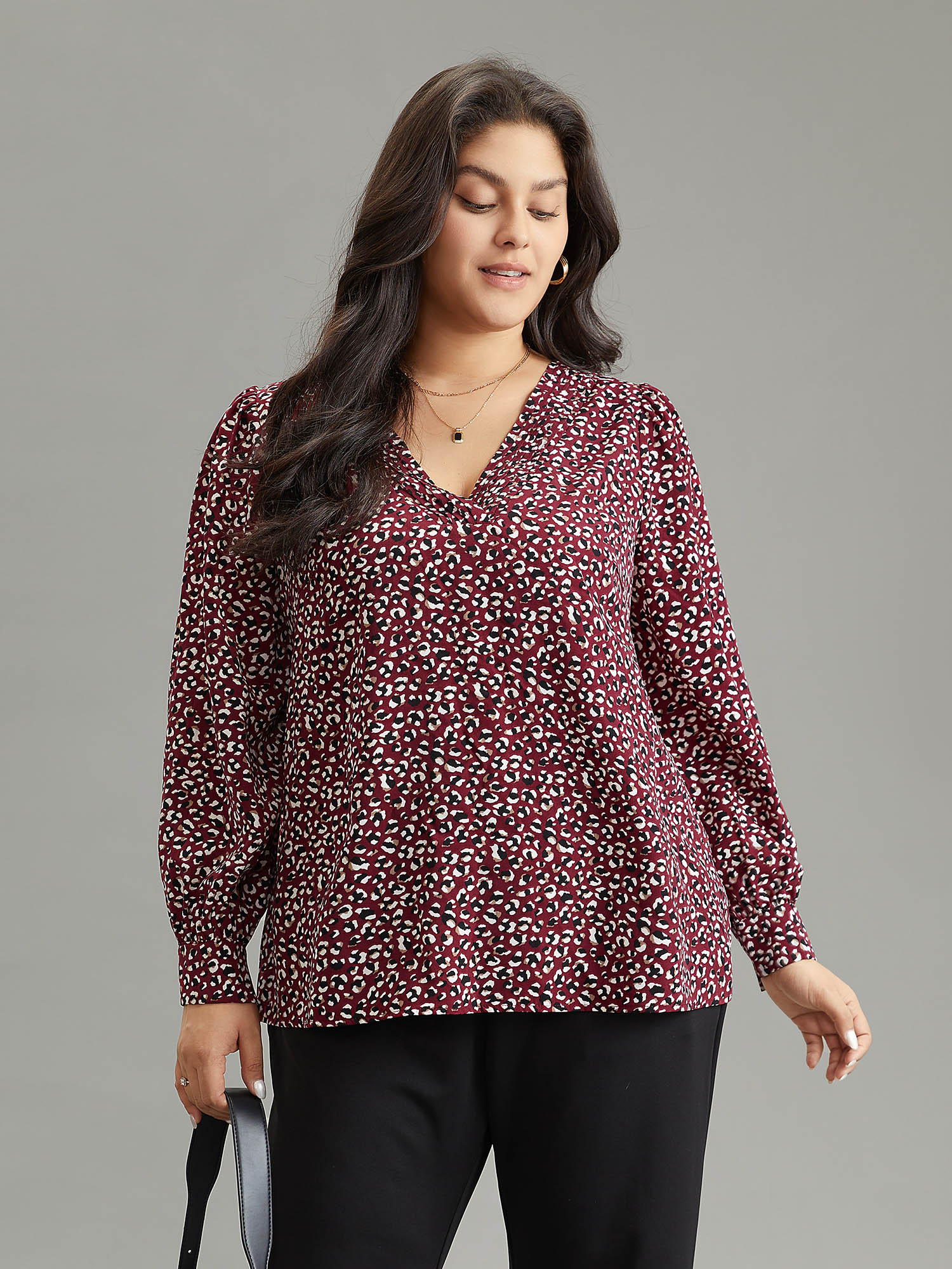Plus Size Women Work Leopard Pleated Regular Sleeve Long Sleeve V-neck Office Blouses BloomChic 