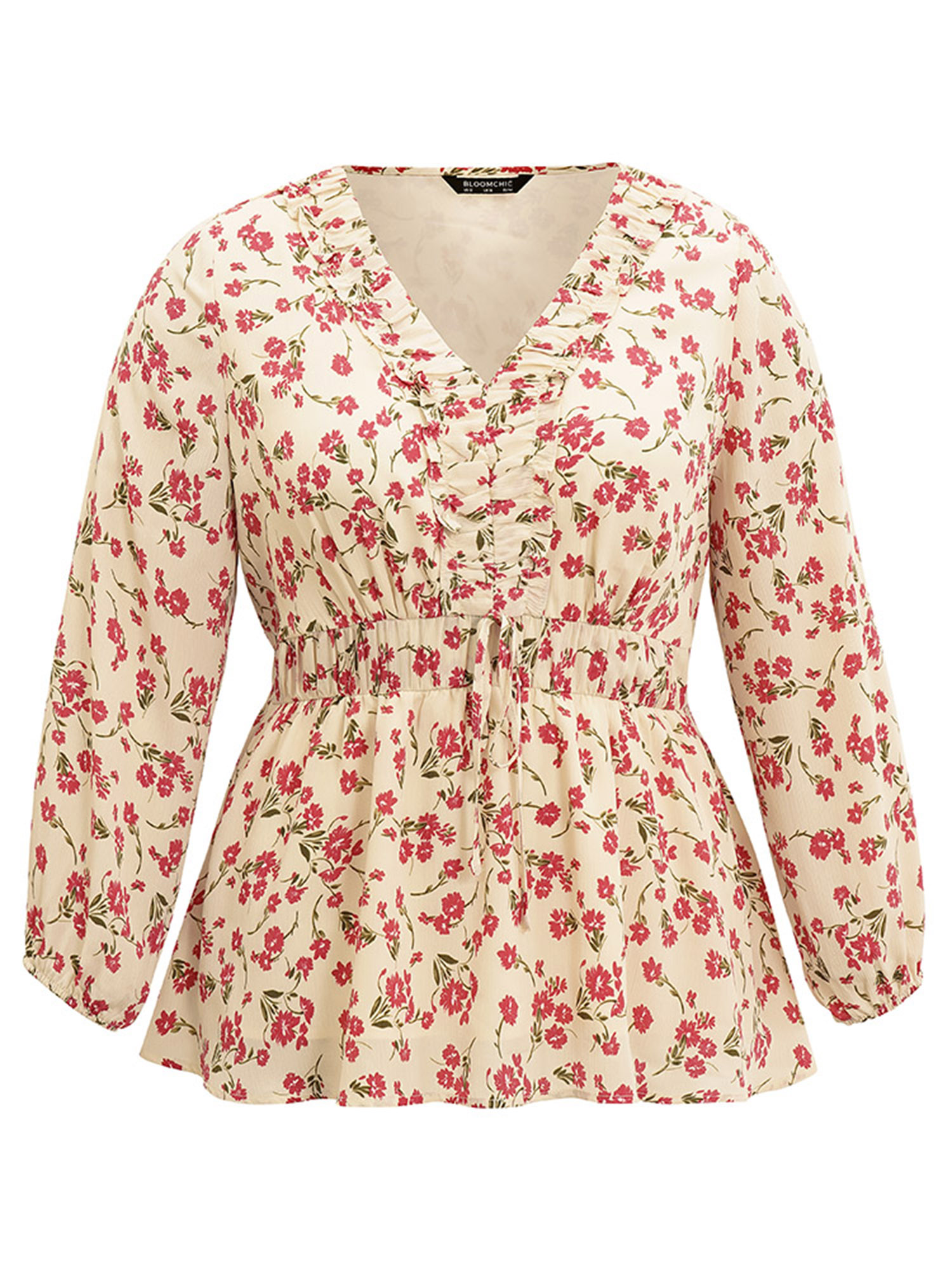 Plus Size Women Work Ditsy Floral Ruffles Lantern Sleeve Long Sleeve V-neck Elegant Blouses BloomChic 