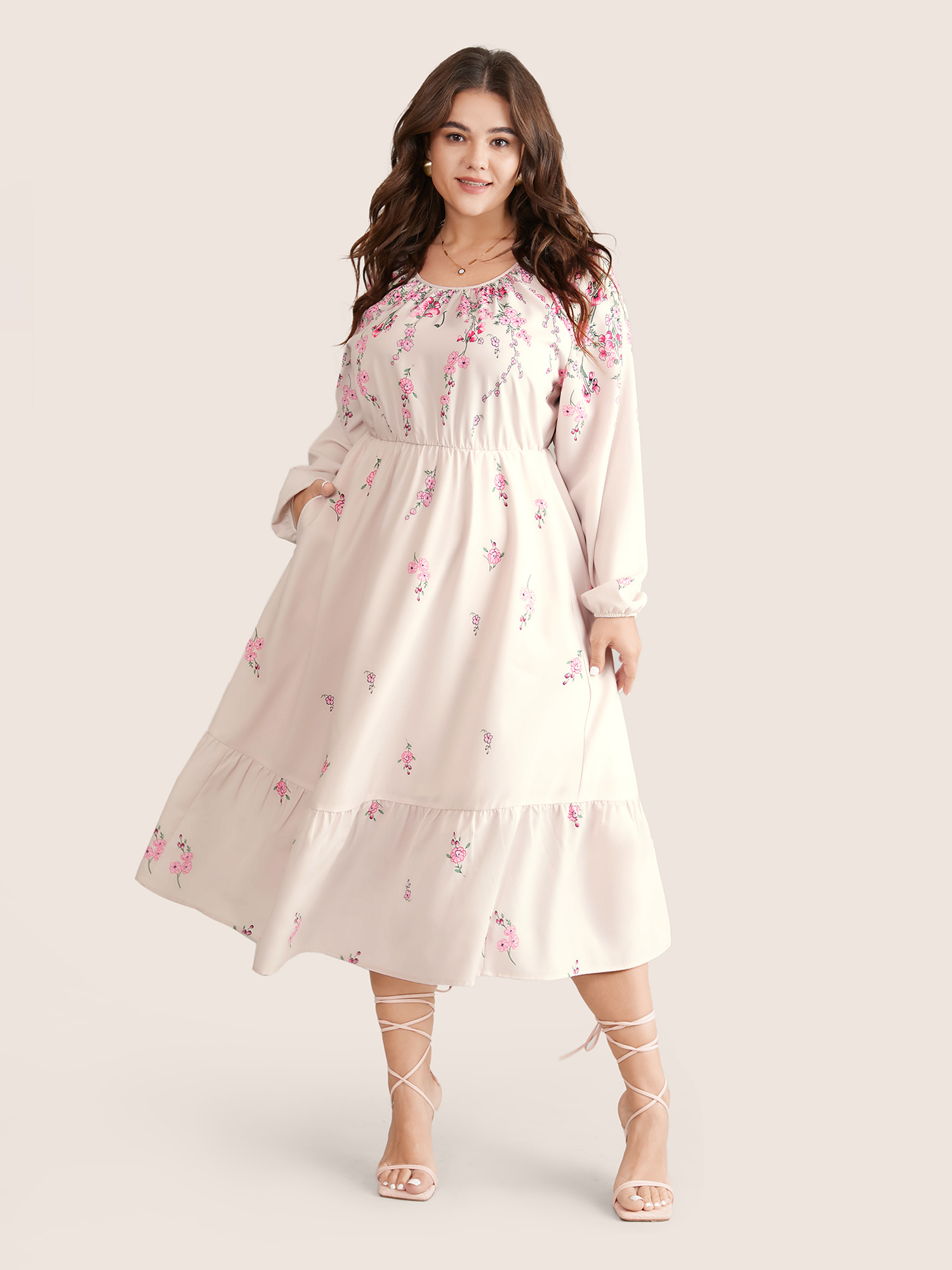 

Plus Size Boho Print Patchwork Ruffles Lantern Sleeve Dress Apricot Women Elegant Elastic cuffs Round Neck Long Sleeve Curvy Midi Dress BloomChic