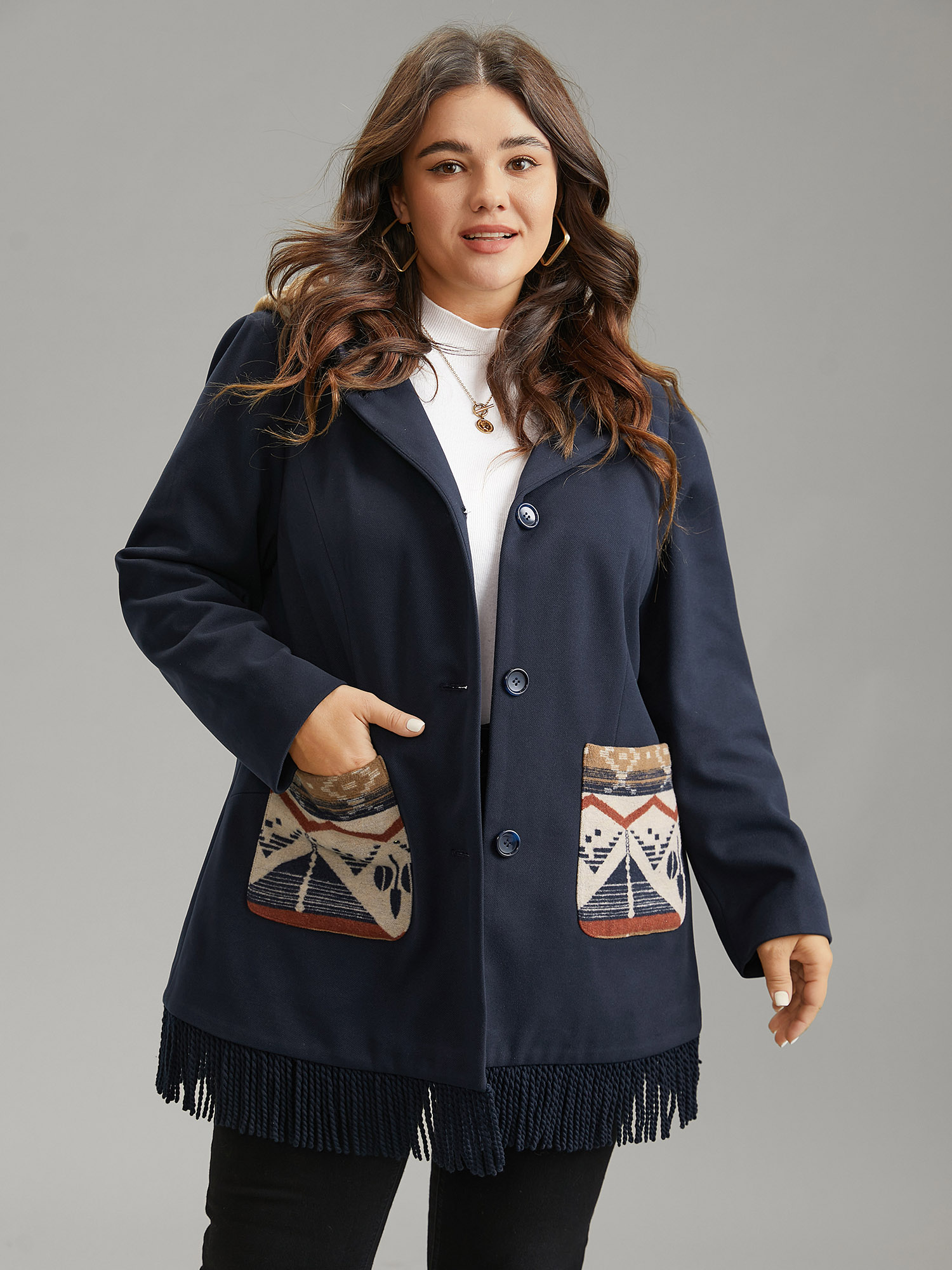 Plus Size Women Dailywear Bohemian Print Lined Pocket Elegant Coats BloomChic 