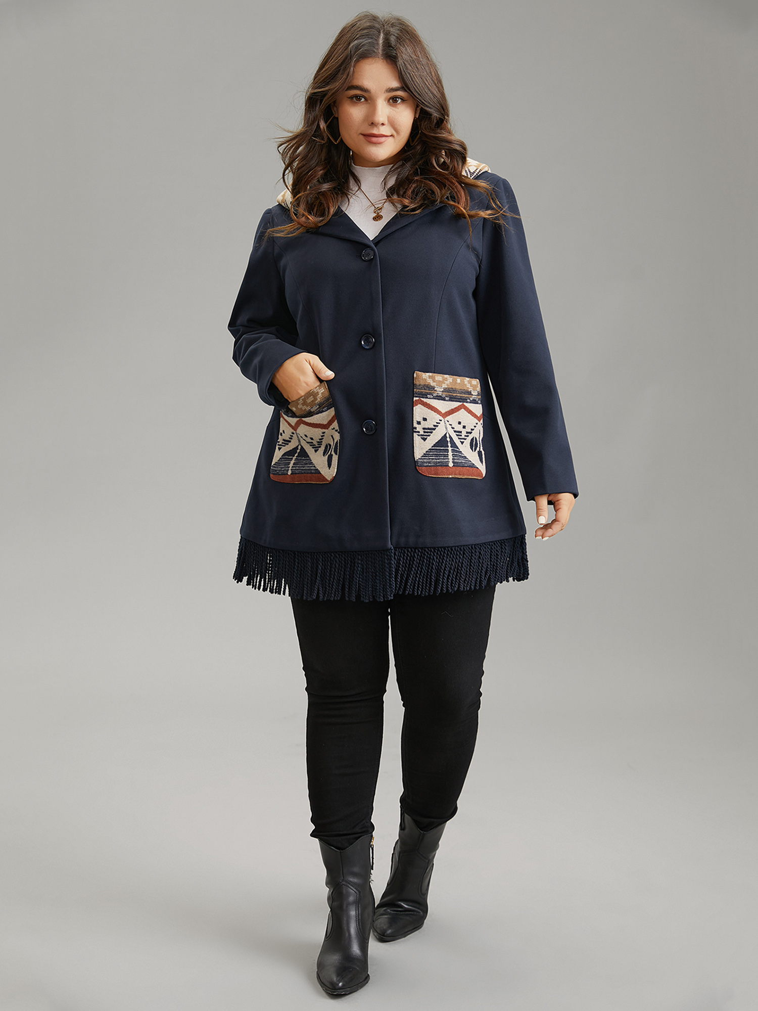 Plus Size Women Dailywear Bohemian Print Lined Pocket Elegant Coats BloomChic 