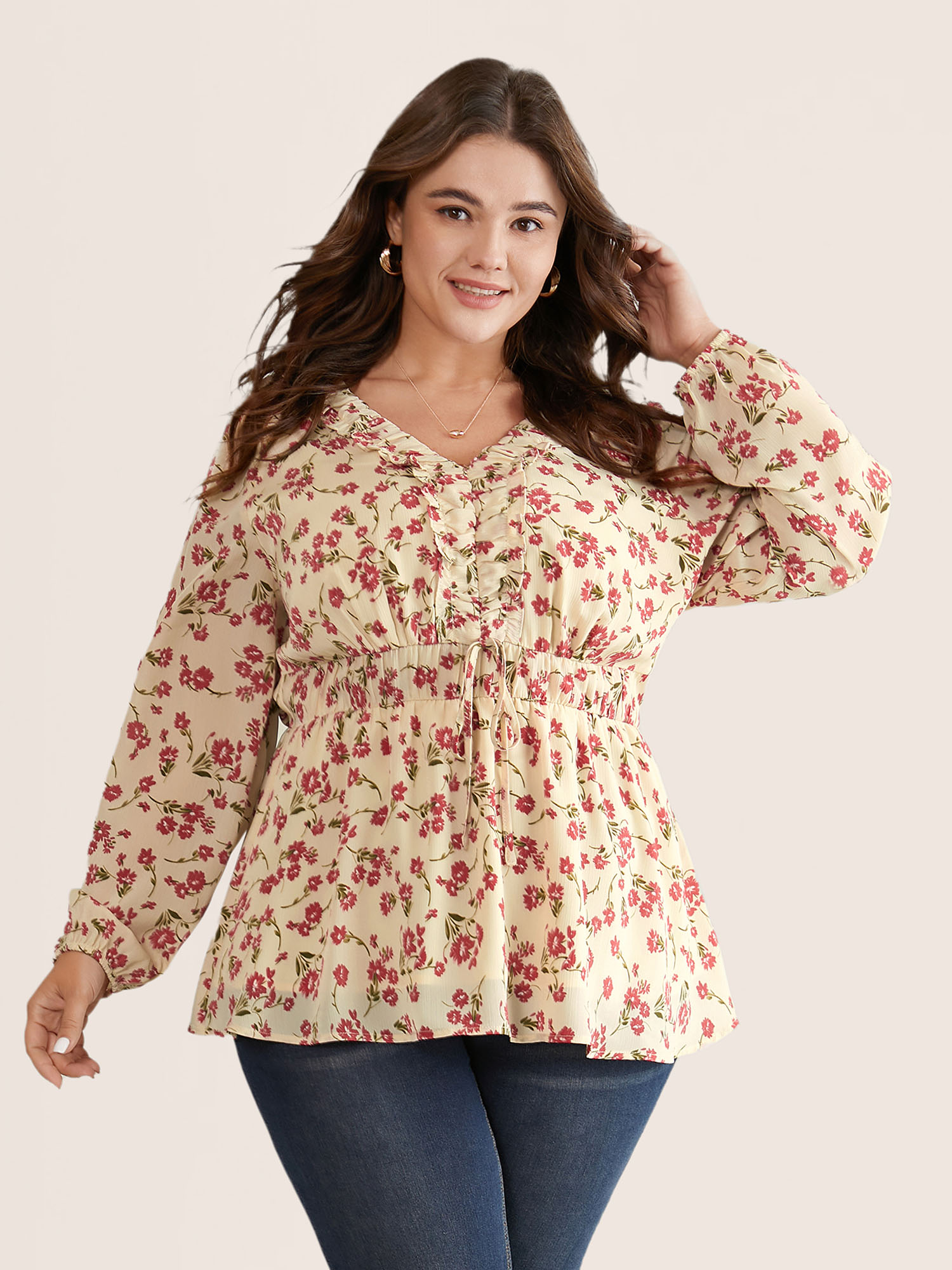 Plus Size Women Work Ditsy Floral Ruffles Lantern Sleeve Long Sleeve V-neck Elegant Blouses BloomChic 
