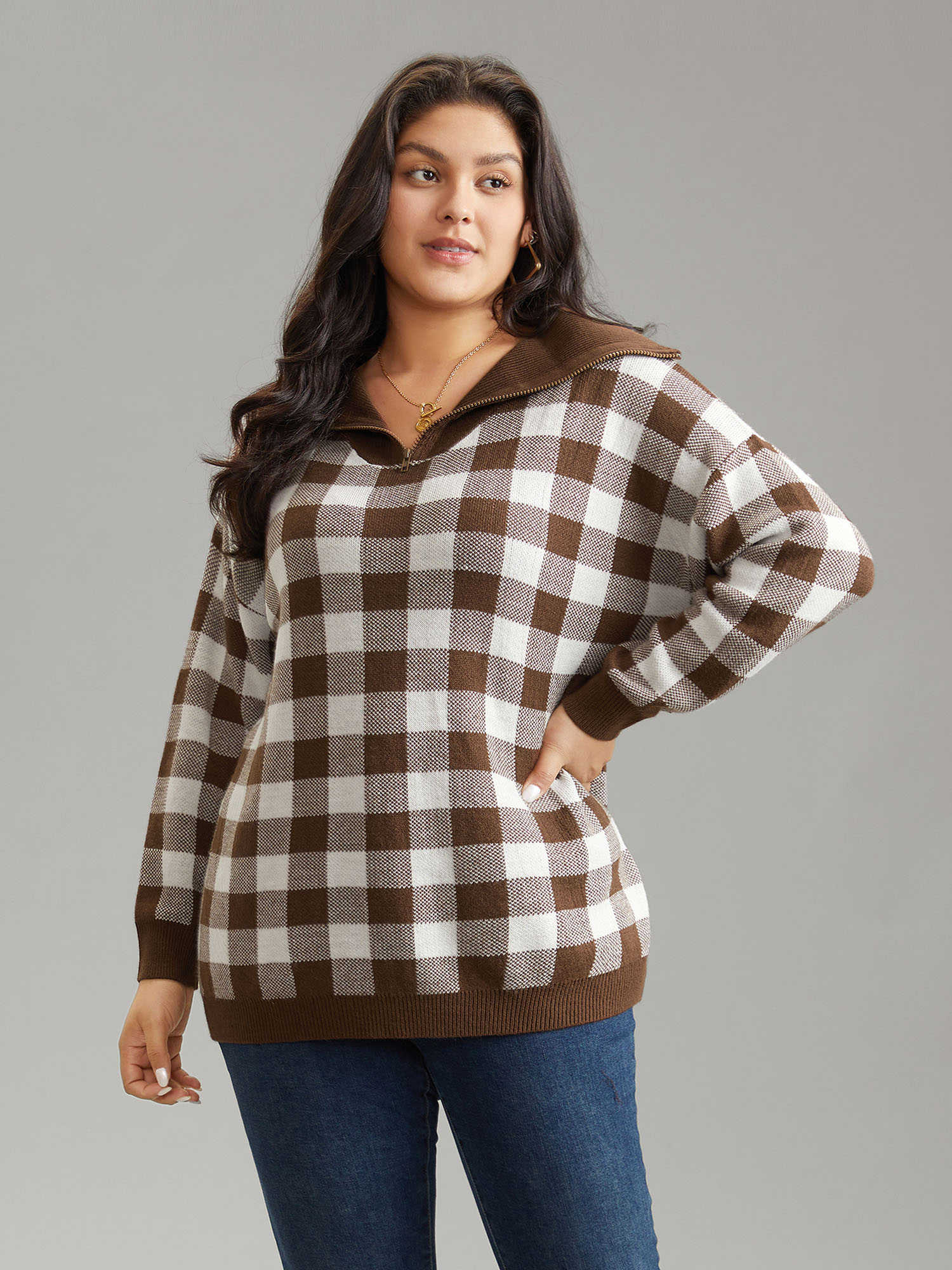 

Plus Size Gingham Half Zip Polo Drop Shoulder Pullover DarkBrown Women Casual Loose Long Sleeve Polo Dailywear Pullovers BloomChic