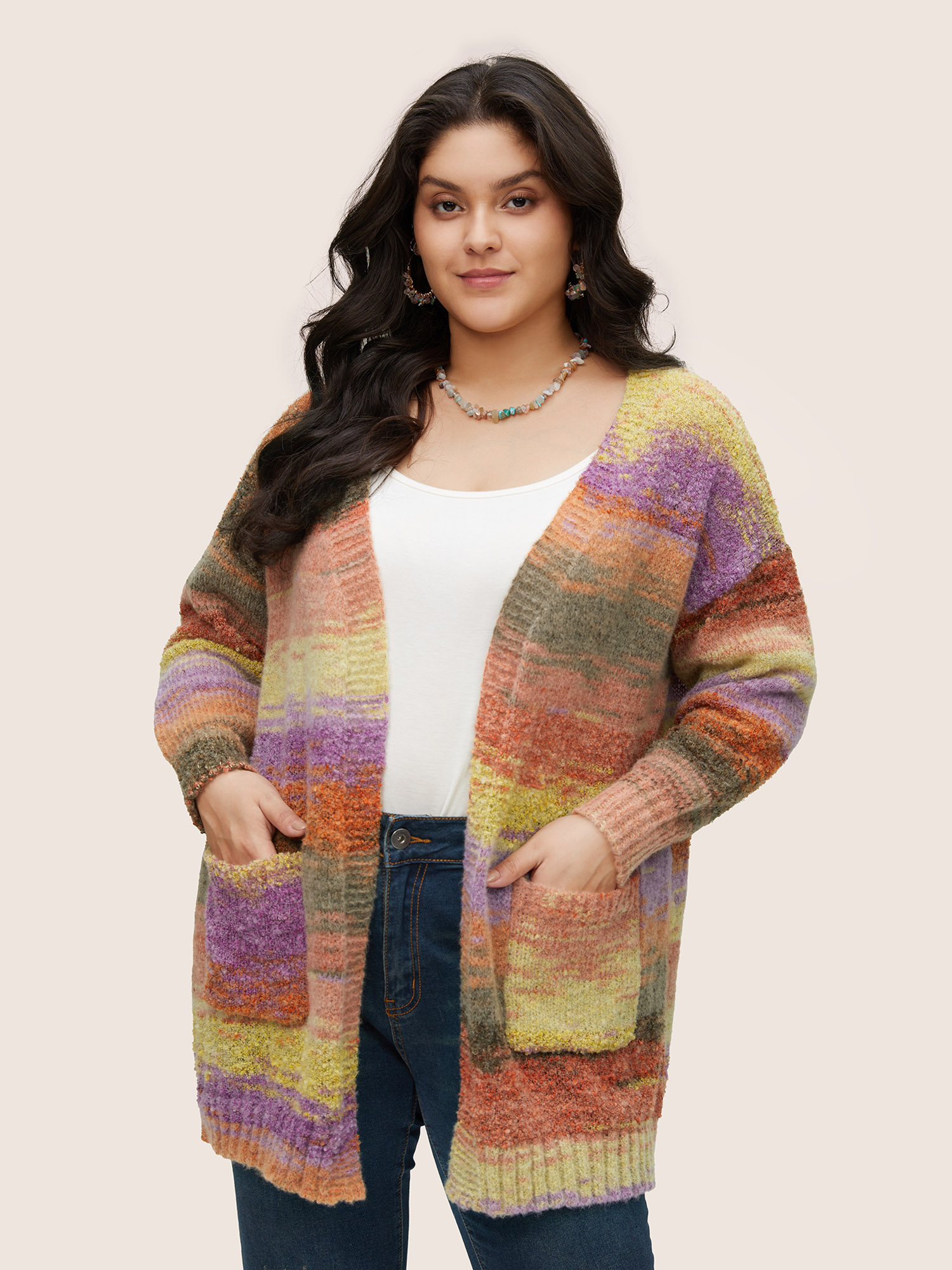 

Plus Size Ombre Heather Contrast Pocket Cardigan Multicolor Women Casual Loose Long Sleeve Dailywear Cardigans BloomChic