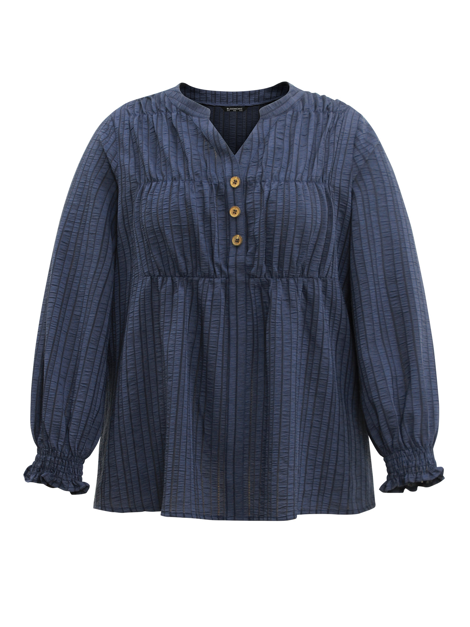 

Plus Size Indigo Plisse Gathered Shirred Cuffs Button Through Blouse Women Office Long Sleeve Notched collar Work Blouses BloomChic