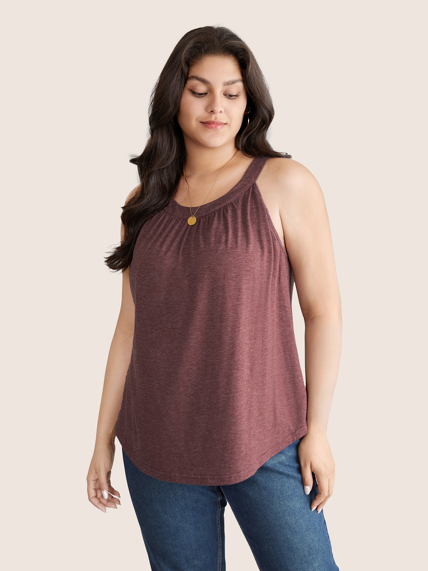 

Plus Size Solid Round Neck Gathered Tank Top Women Russet Casual Gathered Round Neck Dailywear Tank Tops Camis BloomChic