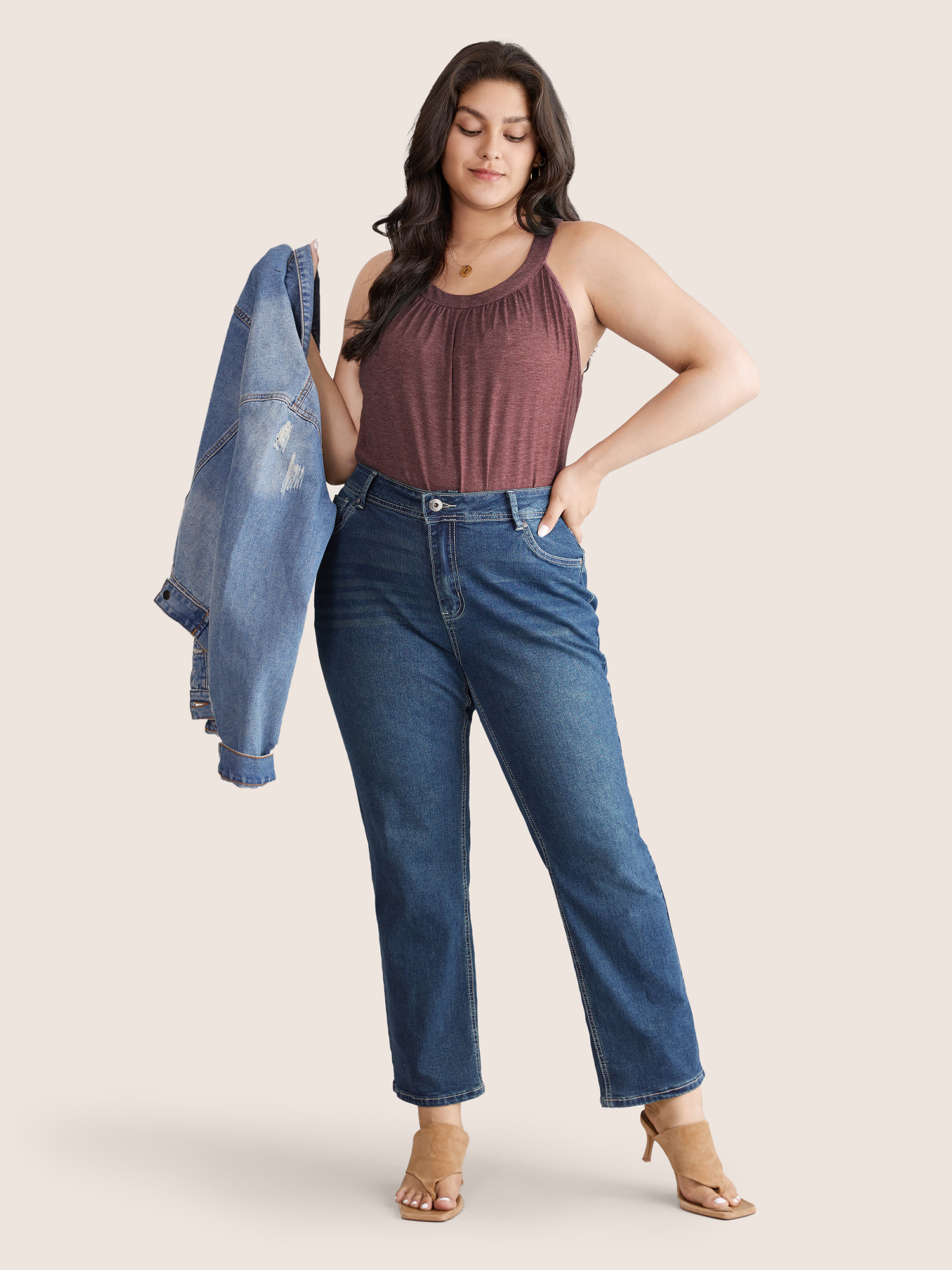 Plus Size Solid Round Neck Gathered Tank Top Women Russet Casual Gathered Round Neck Dailywear Tank Tops Camis BloomChic 10/M 