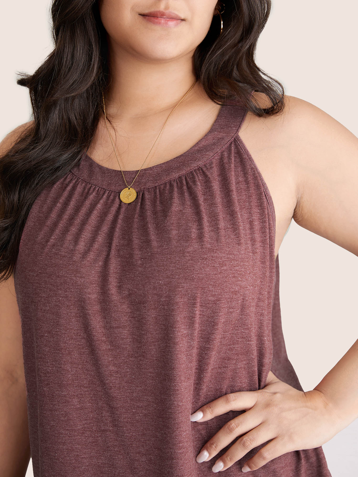 Plus Size Solid Round Neck Gathered Tank Top Women Russet Casual Gathered Round Neck Dailywear Tank Tops Camis BloomChic 10/M 