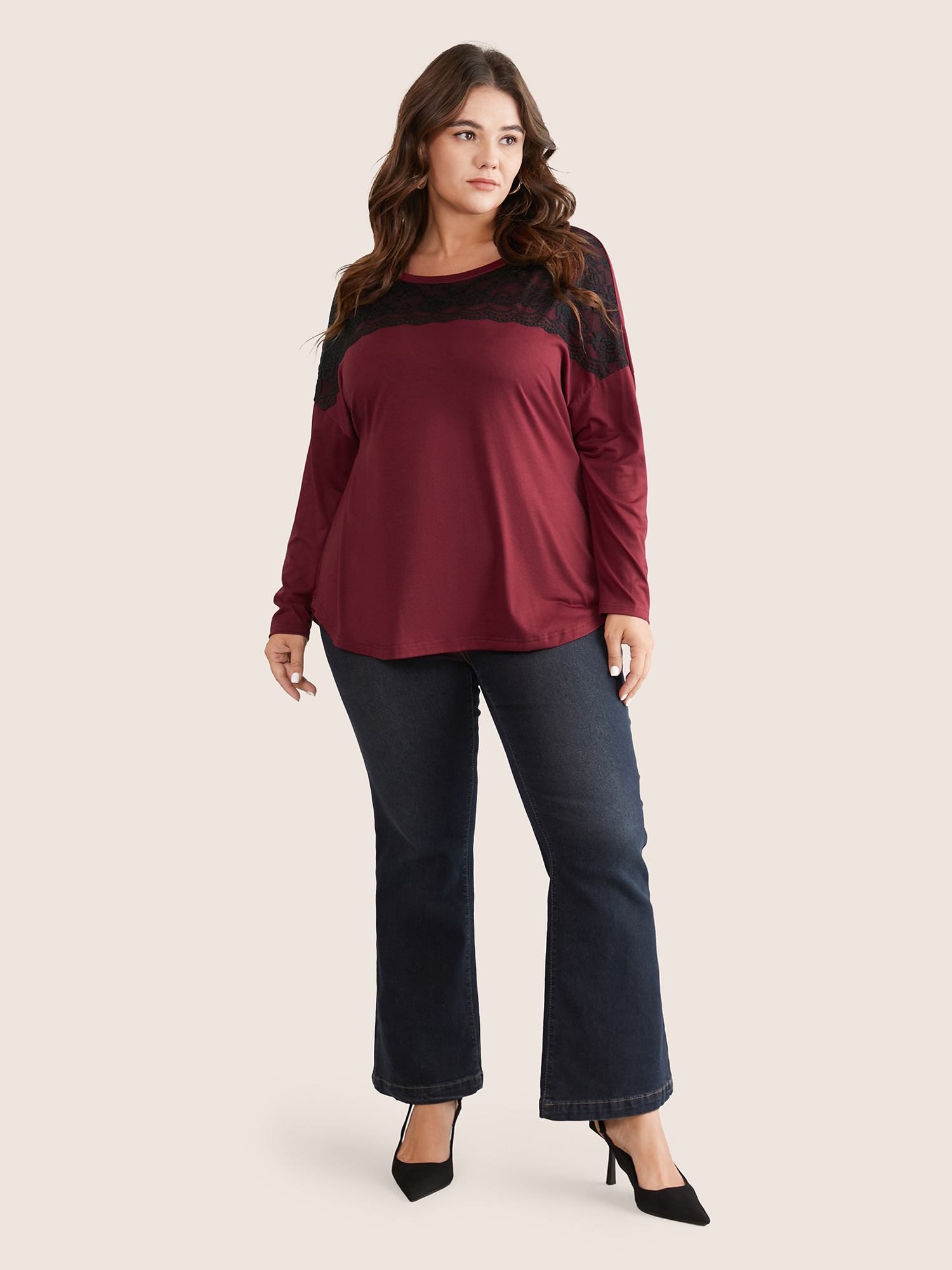 Plus Size Contrast Lace Panel Drop Shoulder T-shirt Burgundy Women Elegant Contrast Plain Round Neck Dailywear T-shirts BloomChic 28/5X 