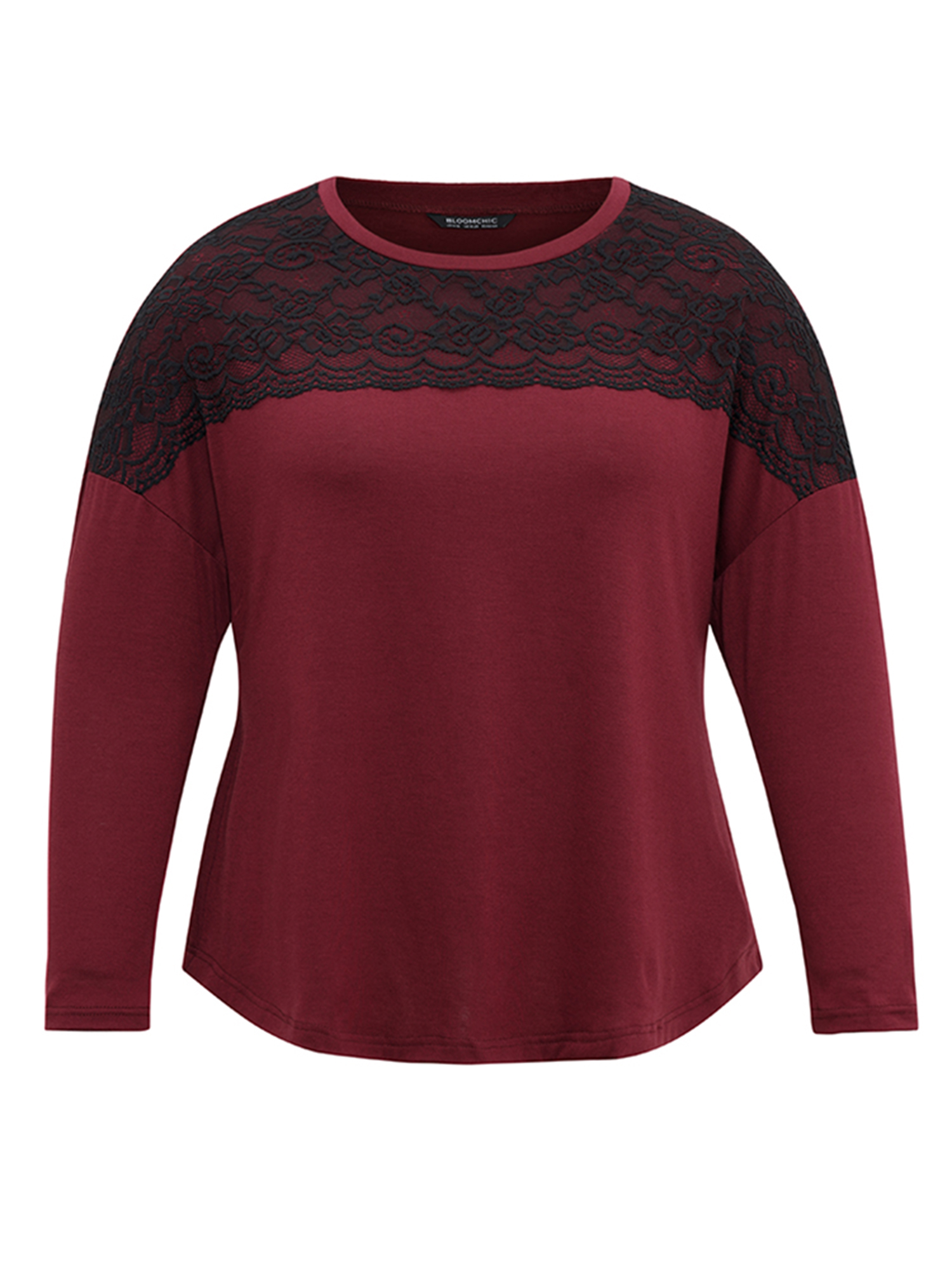 Plus Size Contrast Lace Panel Drop Shoulder T-shirt Burgundy Women Elegant Contrast Plain Round Neck Dailywear T-shirts BloomChic 28/5X 
