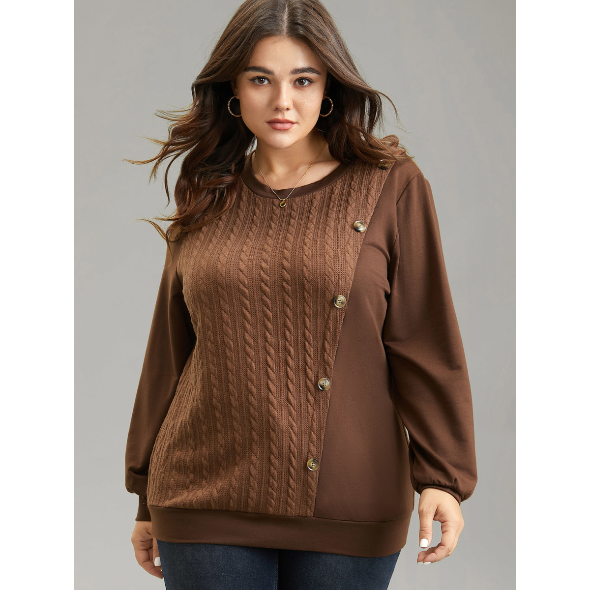 

Plus Size Plain Textured Patchwork Button Detail Sweatshirt Women DarkBrown Casual Texture Round Neck Dailywear Sweatshirts BloomChic