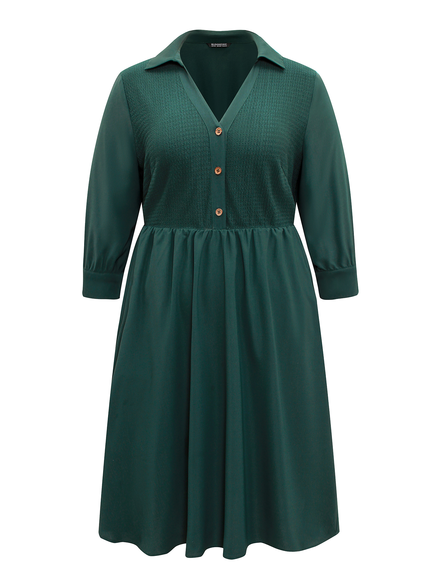 

Plus Size Lapel Collar Elastic Waist Button Detail Midi Dress DarkGreen Women Work From Home Texture Lapel Collar Elbow-length sleeve Curvy Midi Dress BloomChic